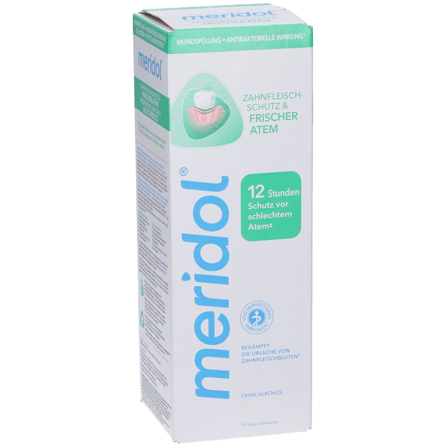 Lato confezione Meridol. Scatola bianca con dettagli verdi. Testo: Protezione gengive & alito fresco. Logo: bocca con denti. Protezione 12 ore.