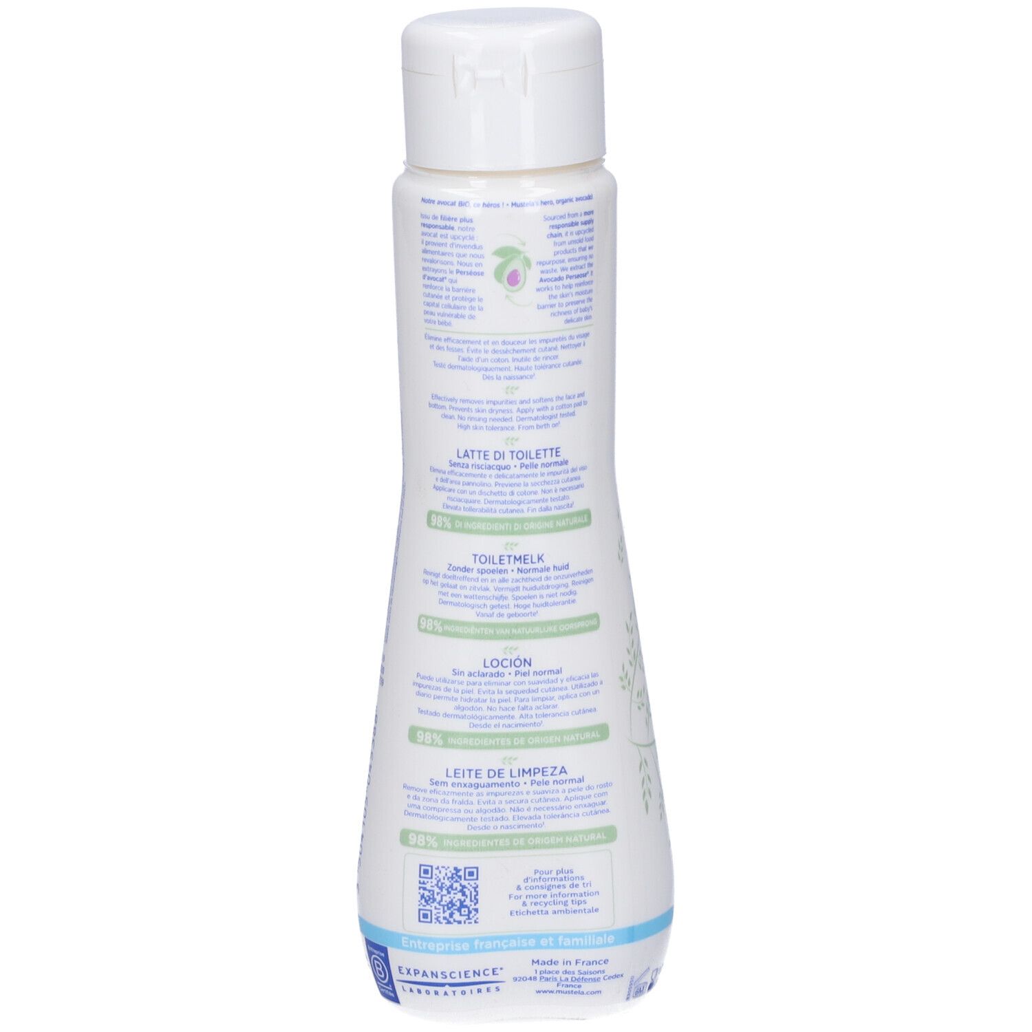 Retro del flacone bianco. Testi multilingue: Lait de Toilette, Toilemelk, Loción, Leite de Limpeza. Codice QR e logo.