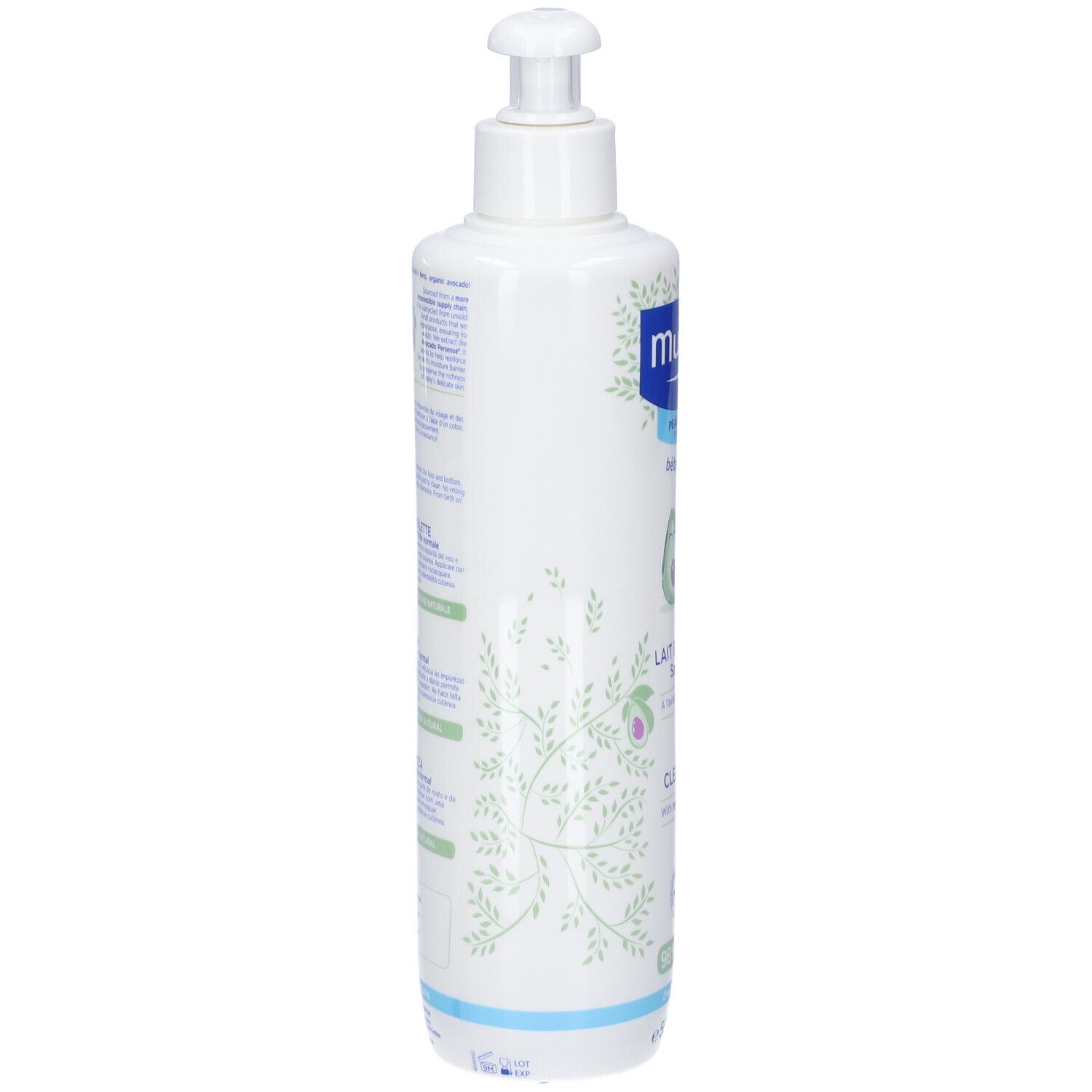 Retro della bottiglia di Latte Detergente Mustela con dispenser a pompa.