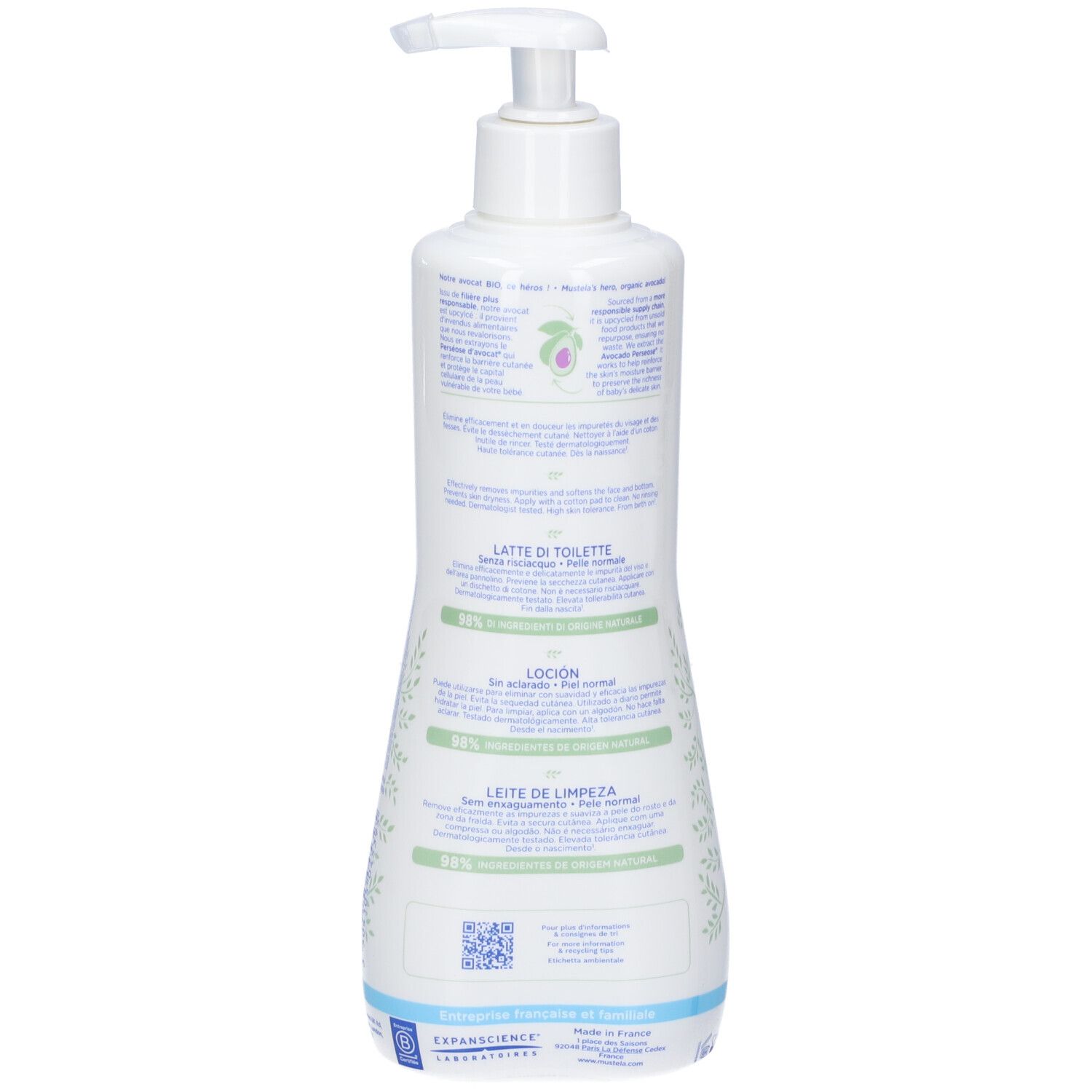 Retro della bottiglia di Latte Detergente Mustela con dispenser a pompa.