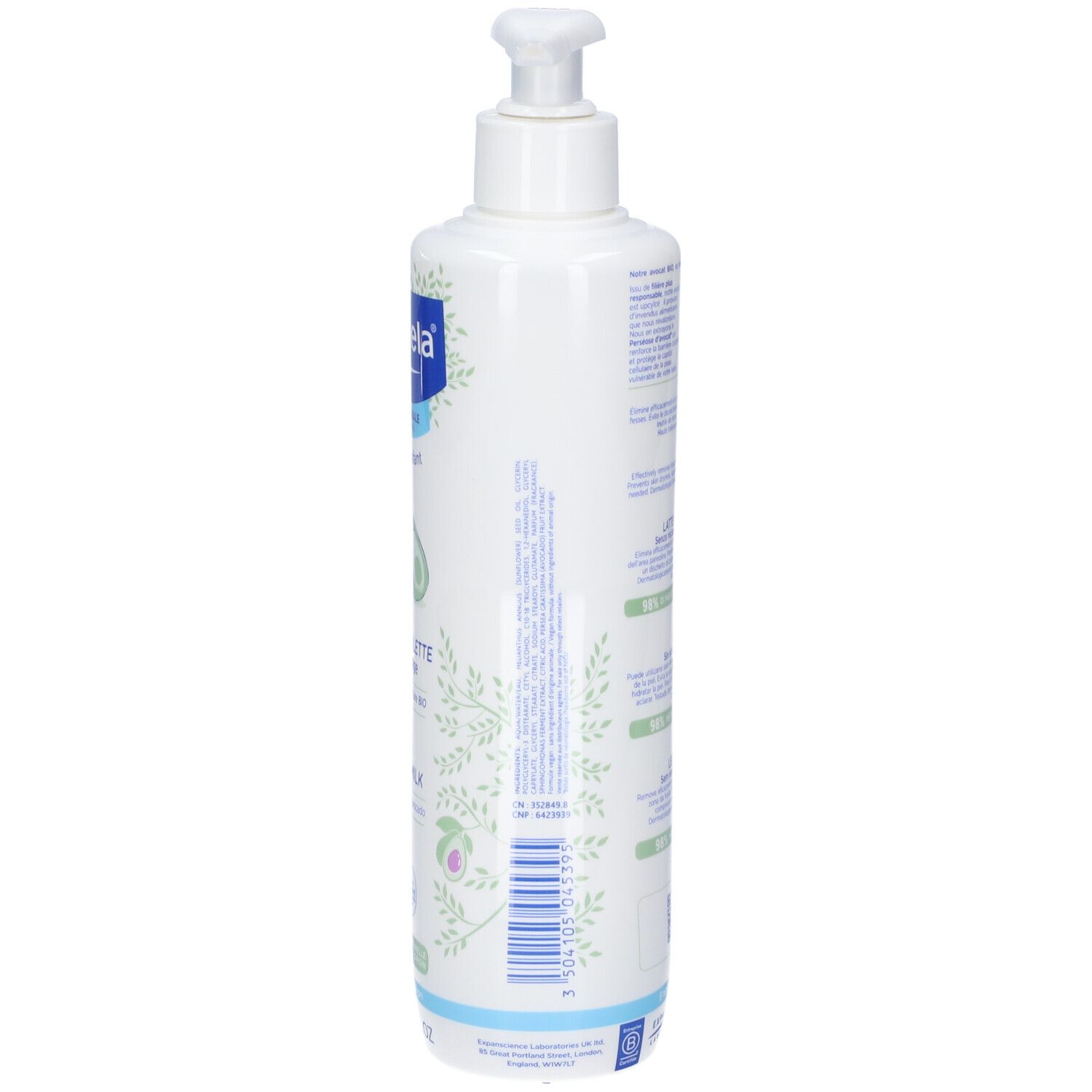 Retro della bottiglia di Latte Detergente Mustela con dispenser a pompa.
