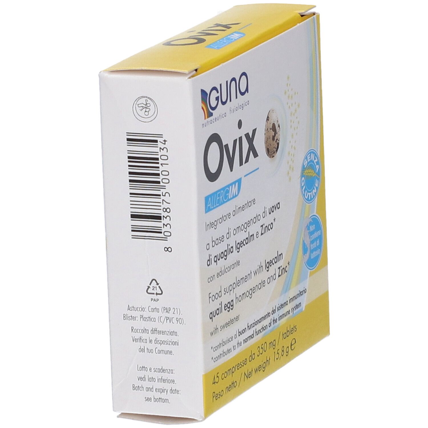 Scatola gialla, vista laterale. Nome prodotto Ovix Allergim. Codice a barre e testo laterale.