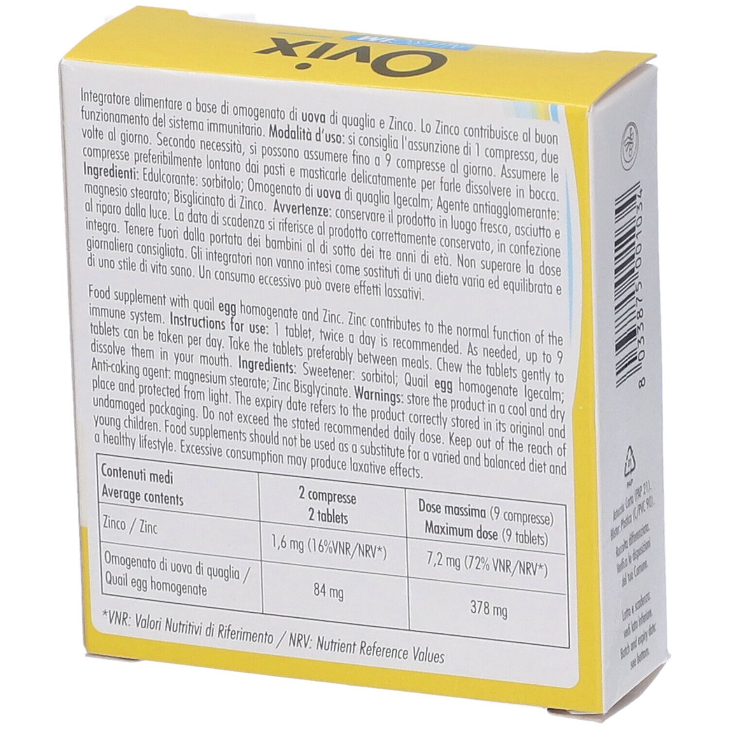 Retro della scatola gialla. Testo in italiano e inglese. Ingredienti e dosaggio.