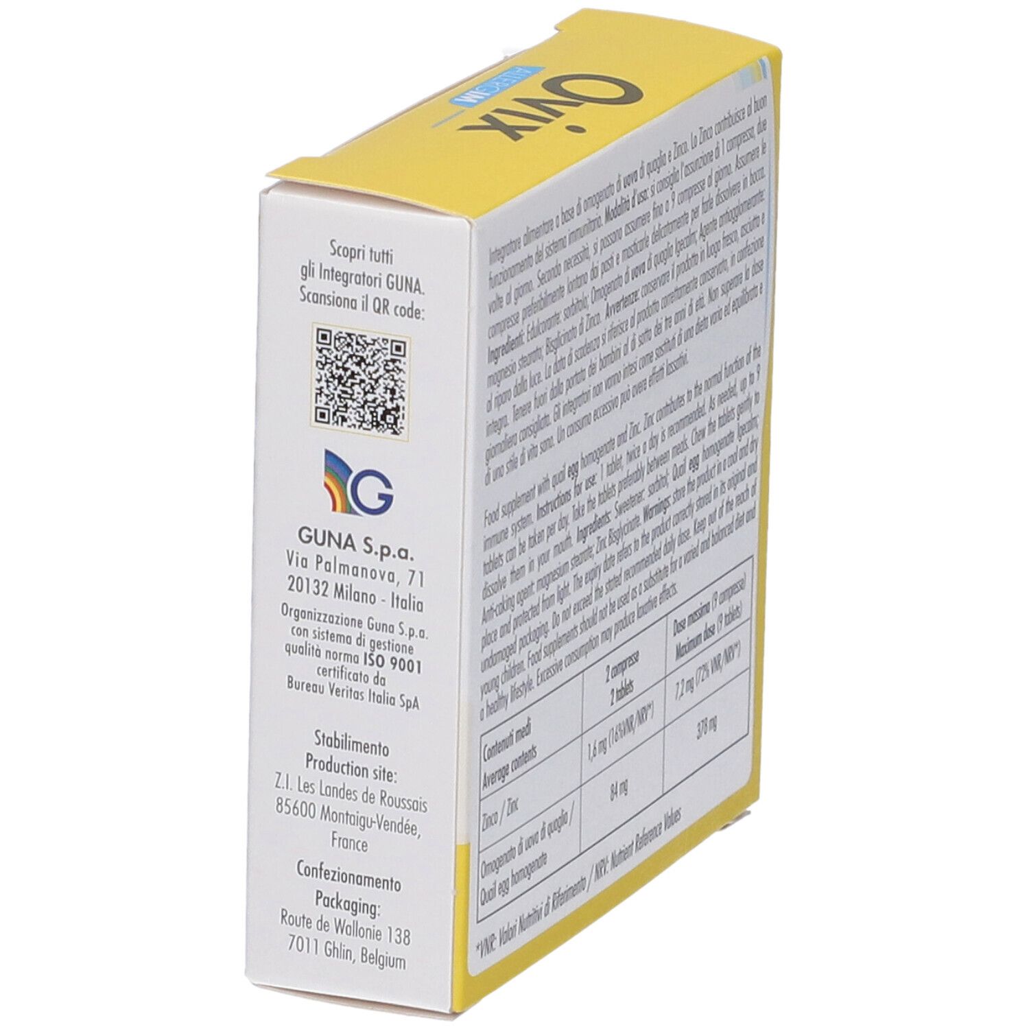 Scatola gialla, vista obliqua. Testo e codice QR. Logo e indirizzo Guna S.p.a.