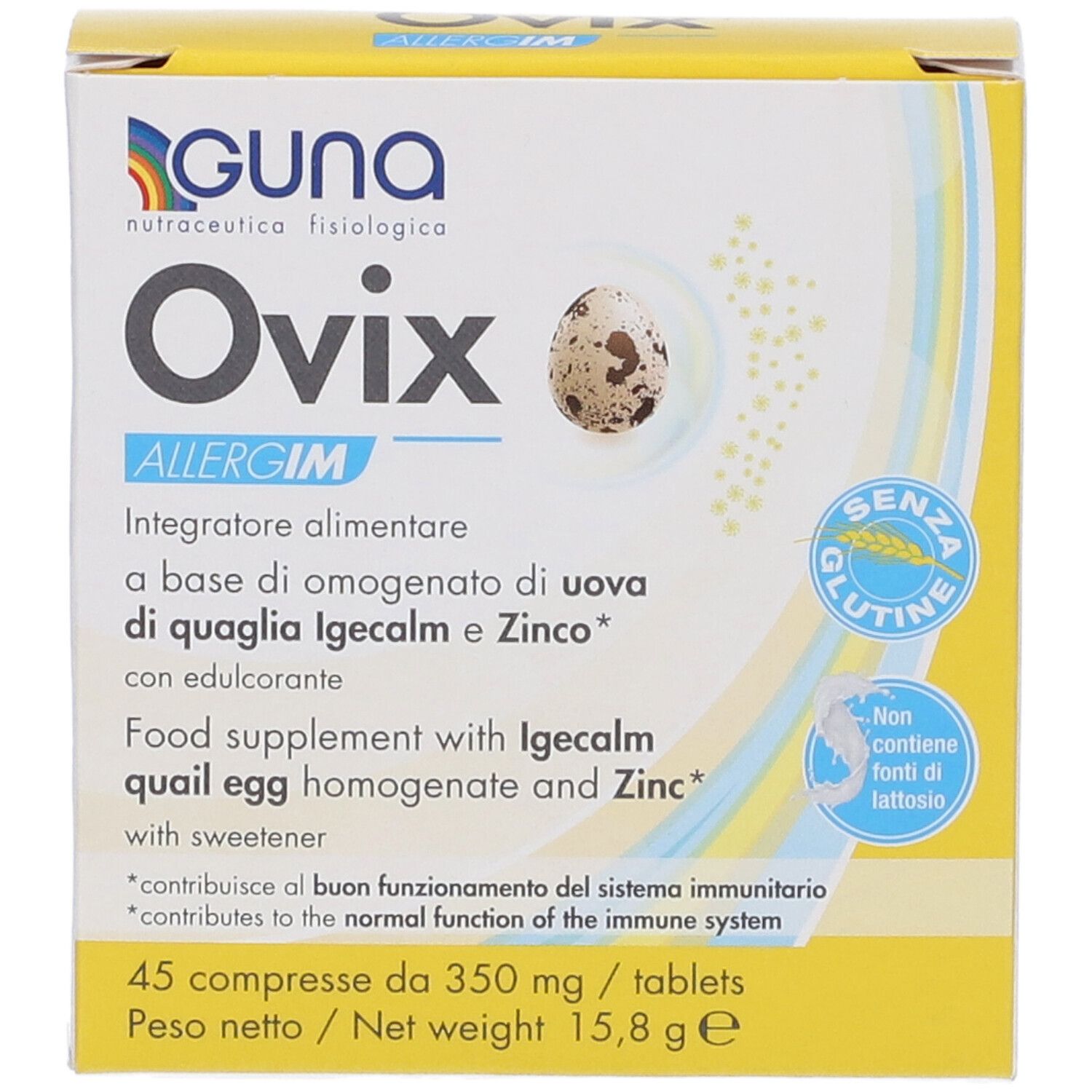 Scatola gialla con Ovix Allergim. 45 compresse. Senza glutine e lattosio. Omogenato di uova di quaglia.
