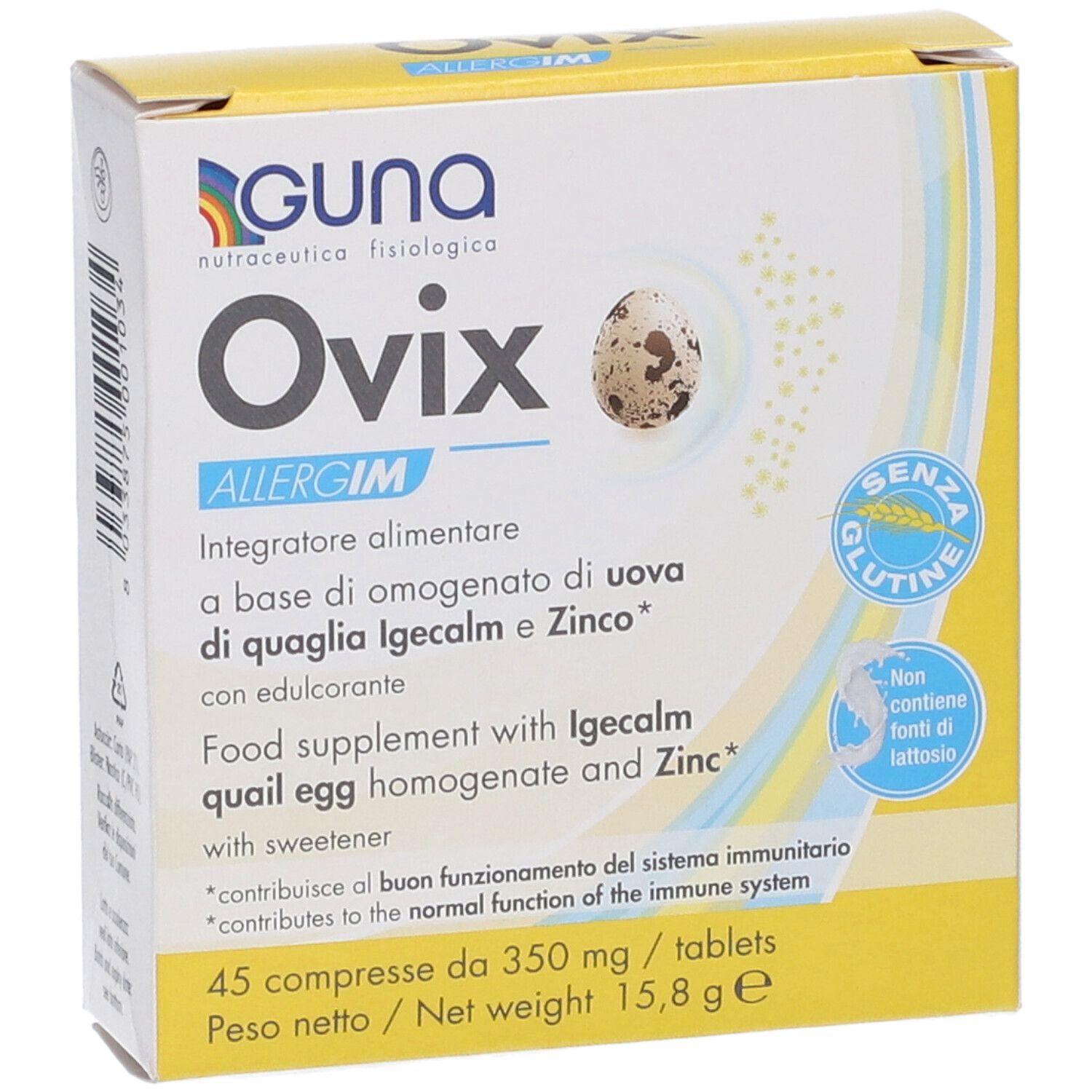 Scatola gialla con Ovix Allergim. 45 compresse. Senza glutine e lattosio. Omogenato di uova di quaglia.