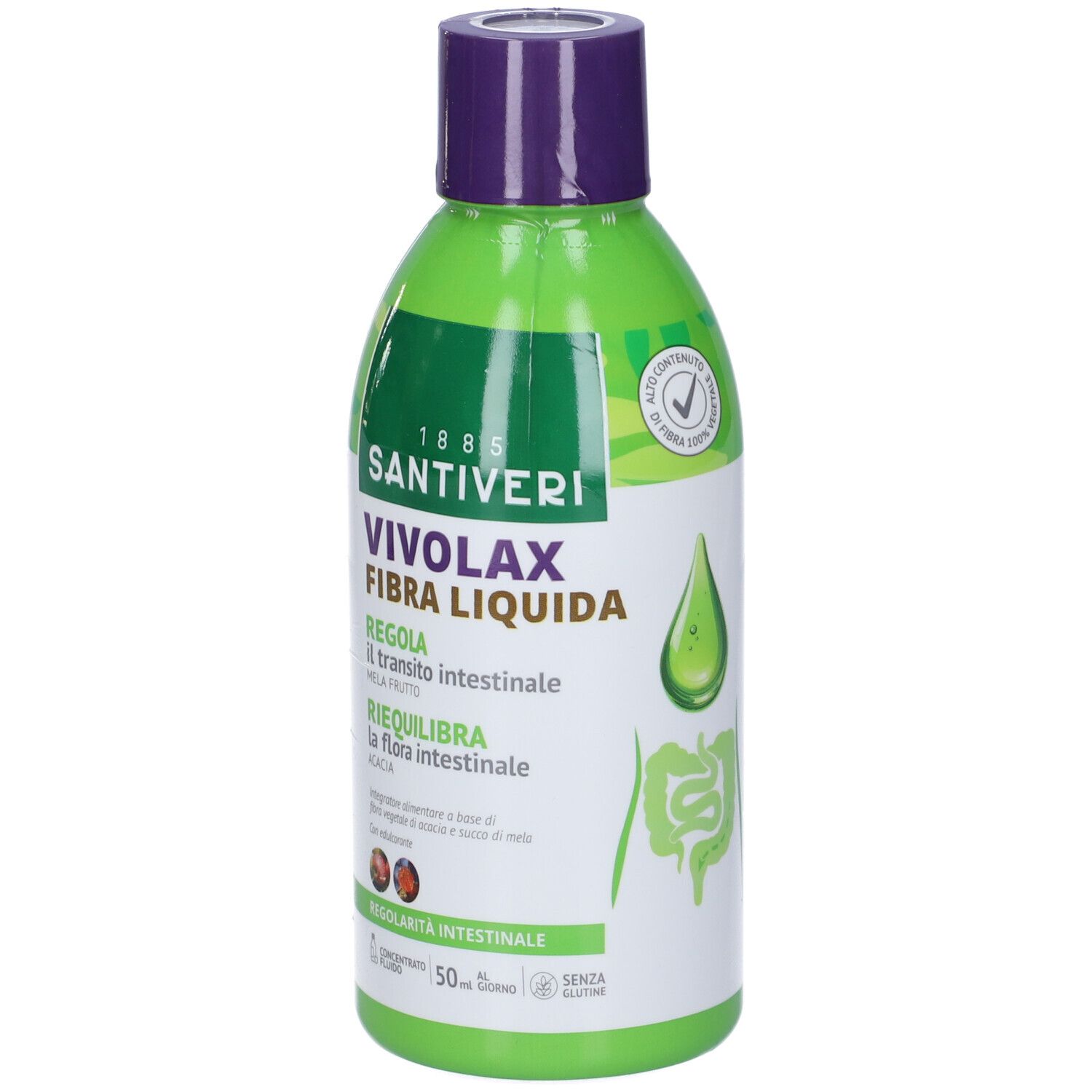 Bottiglia verde con tappo viola. Scritta: Santiveri, Vivolax Fibra Liquida. Regola il transito intestinale. 50 ml. Senza glutine.
