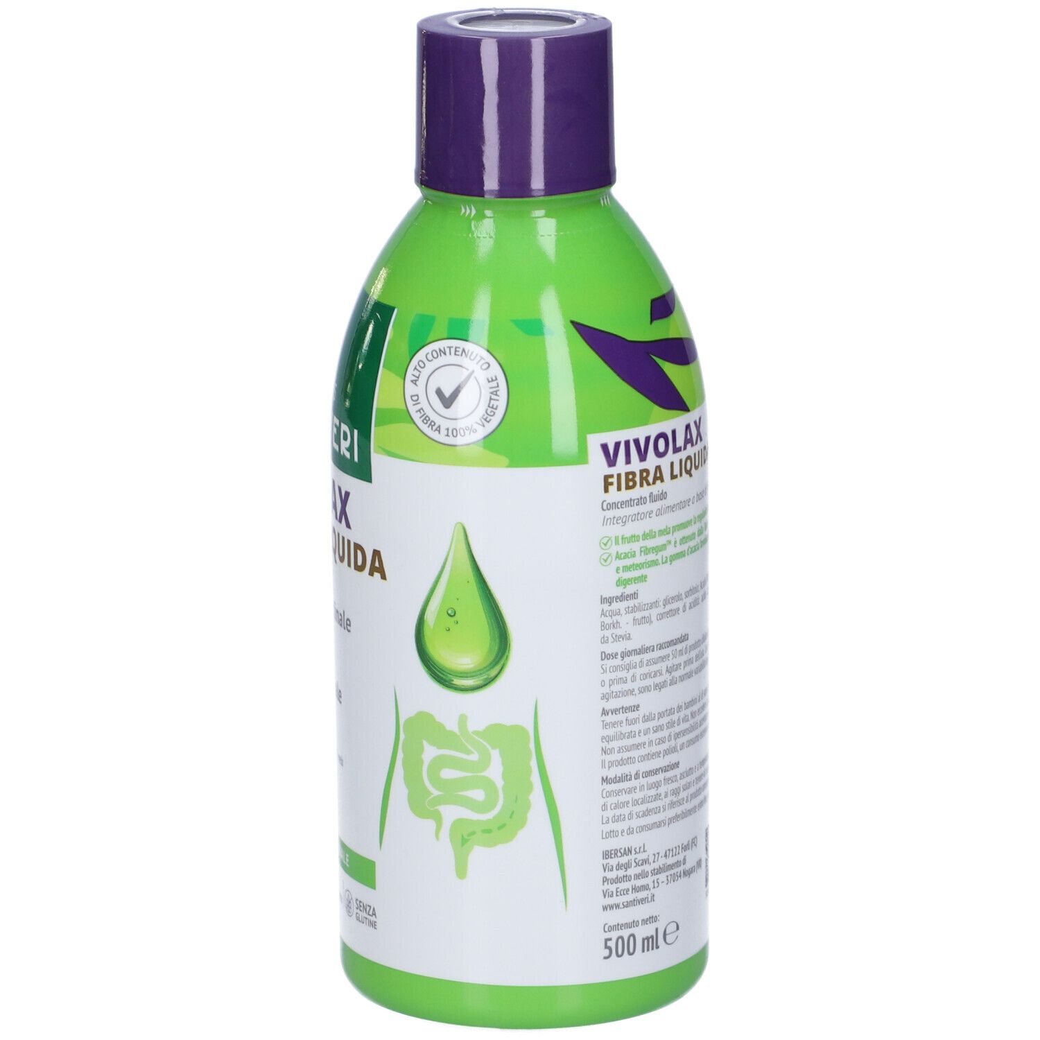 Bottiglia verde, retro. Testo: ingredienti, informazioni nutrizionali, produttore. 500 ml. Senza glutine, lattosio.