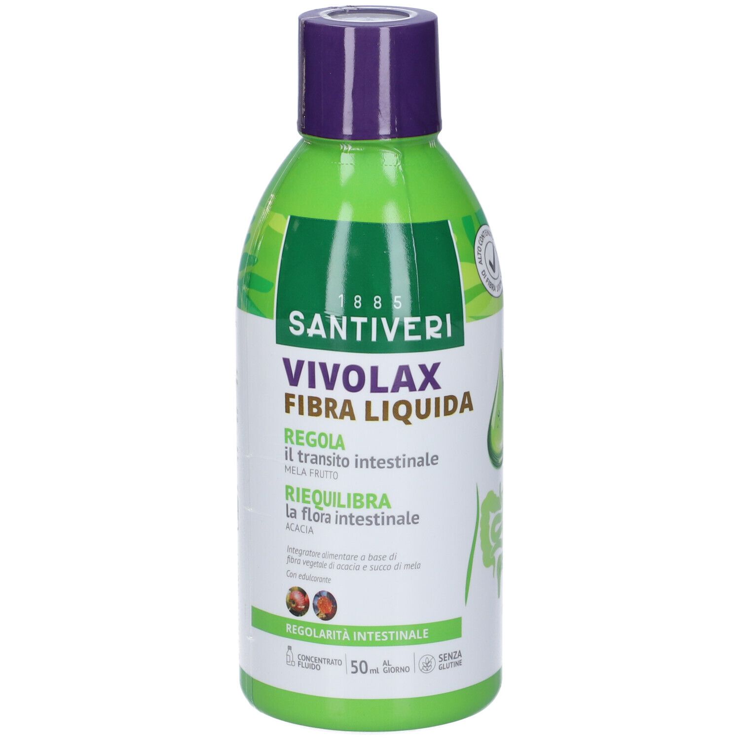 Bottiglia verde con tappo viola. Scritta: Santiveri, Vivolax Fibra Liquida. Regola il transito intestinale. 50 ml. Senza glutine.