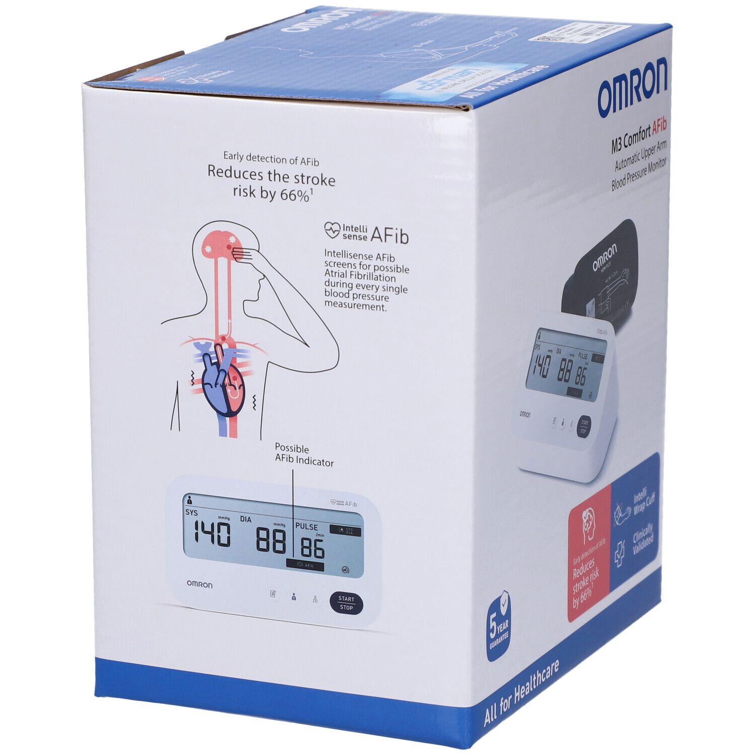 Confezione Omron M3 Comfort Afib. Misuratore con display e bracciale. Illustrazioni uso e funzioni.