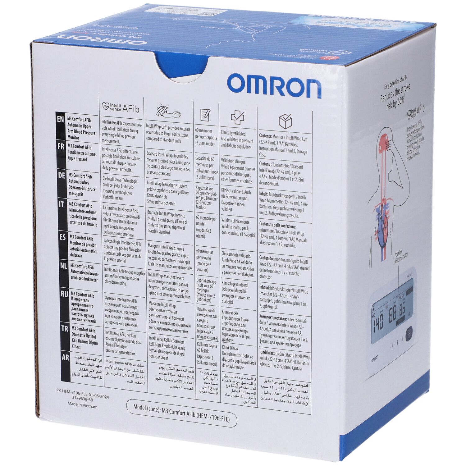 Retro confezione Omron M3 Comfort Afib. Informazioni multilingue e specifiche tecniche.