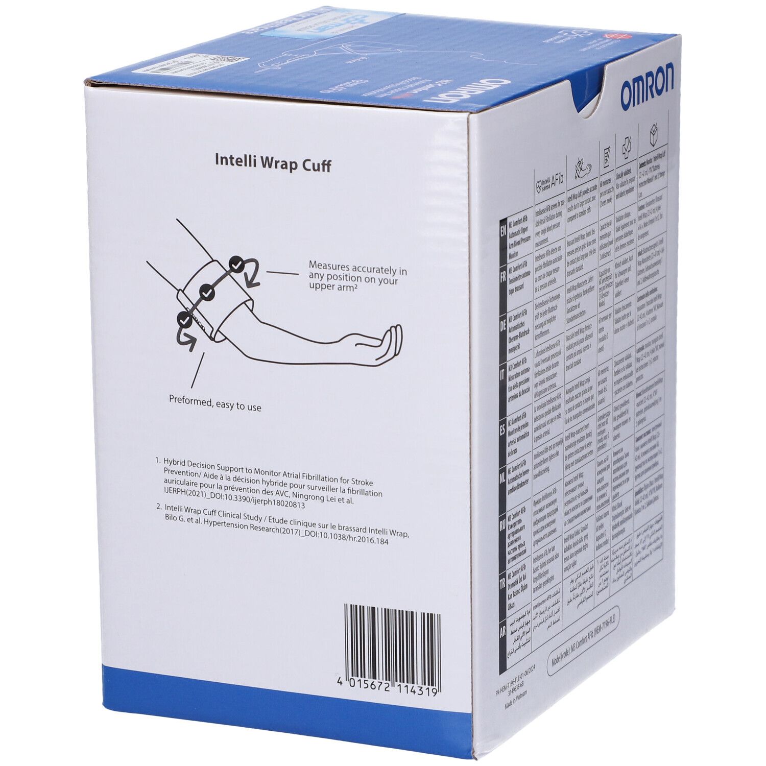 Confezione con illustrazione del bracciale Intelli Wrap. Mostra il corretto posizionamento sul braccio.