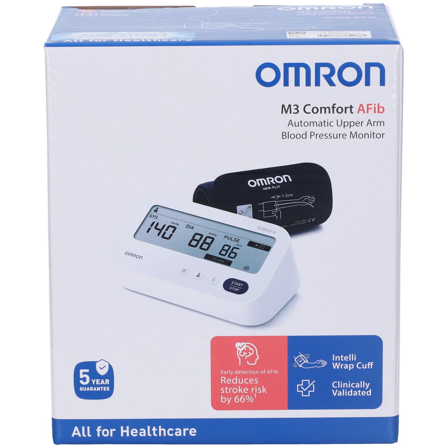 Confezione Omron M3 Comfort Afib. Misuratore pressione con display, bracciale e garanzia 5 anni.