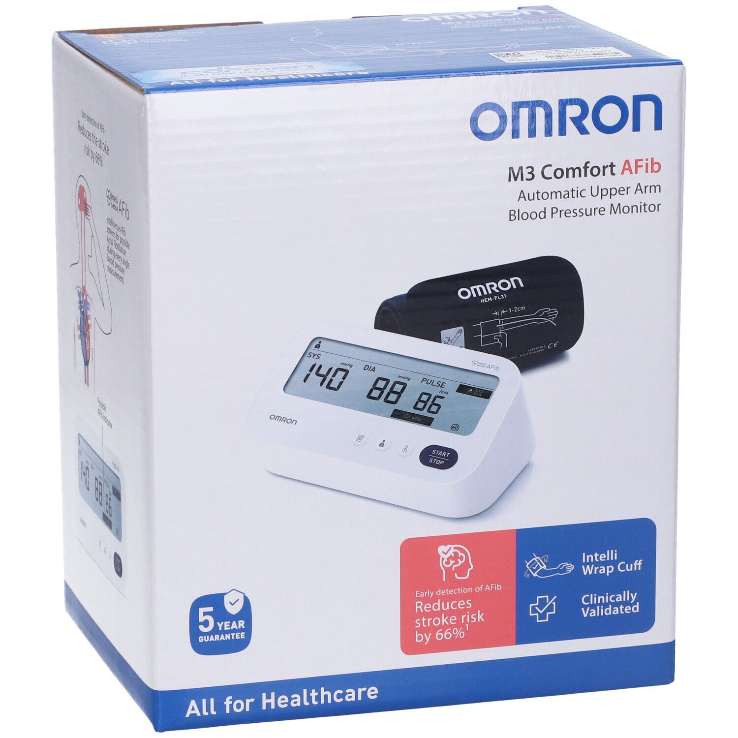 Confezione Omron M3 Comfort Afib. Misuratore pressione con display, bracciale e garanzia 5 anni.
