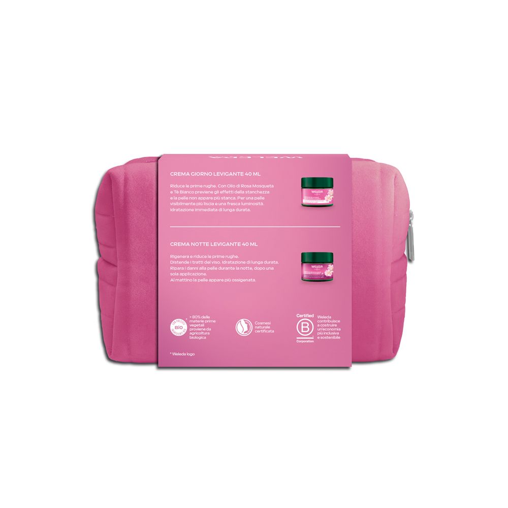 Retro della pochette rosa con informazioni sul prodotto su una confezione. Sono visibili anche i loghi di certificazione.