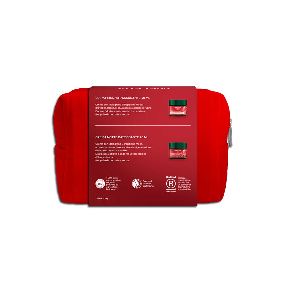 Beauty case rosso con informazioni sul prodotto. Testo mostra nomi, ingredienti e certificazioni. Marchio biologico visibile.