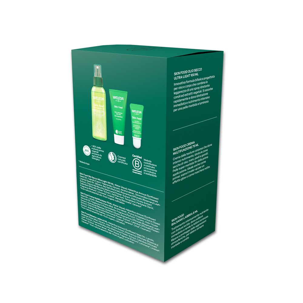 Retro della scatola verde. Prodotti: Skin Food Olio Secco Ultra Light, Skin Food Crema Multifunzione, Skin Food Balsamo Labbra.