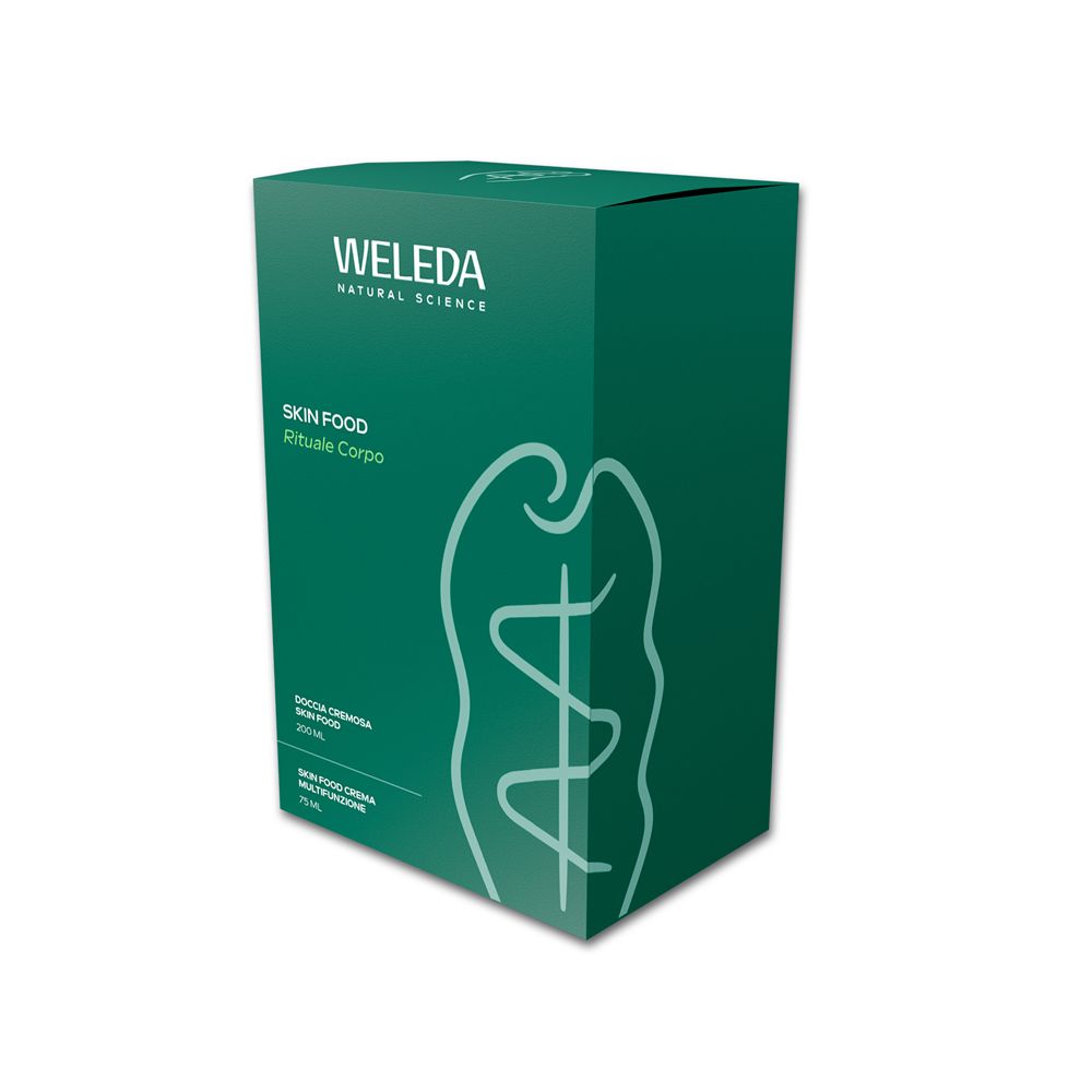 Scatola verde con la scritta "WELEDA" e "SKIN FOOD Rituale Corpo". Sulla scatola è visibile un'illustrazione bianca di un corpo.