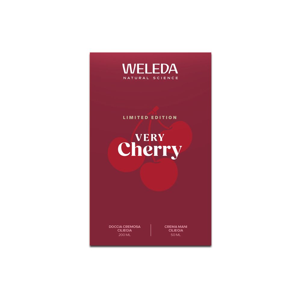 Confezione rossa con la scritta "Very Cherry" e il logo Weleda. Sono raffigurate ciliegie. I nomi dei prodotti sono in basso.