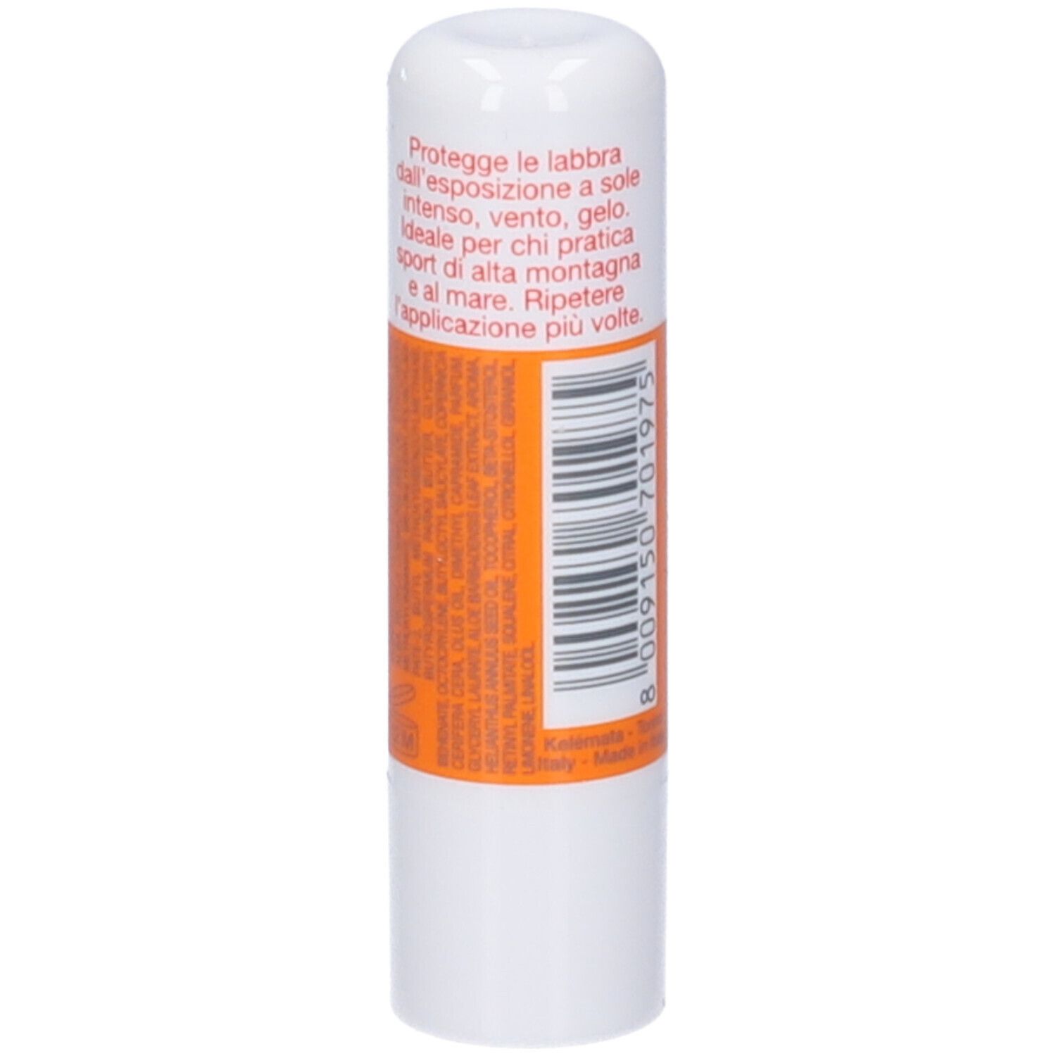 Stick labbra bianco e arancione. Retro con testo e codice a barre. Scritta: PL3.