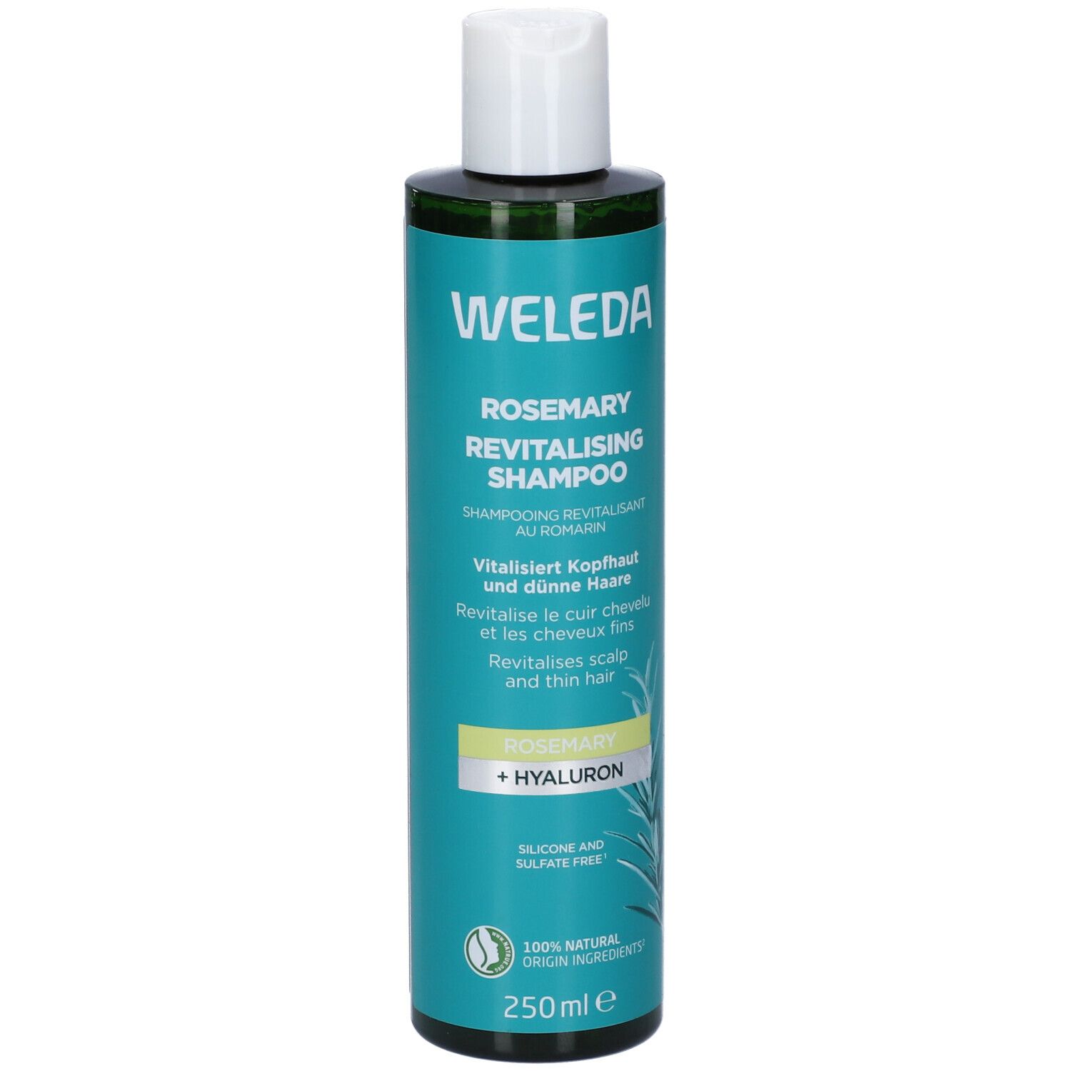 Flacone verde con tappo bianco. Scritta: WELEDA, Rosemary Revitalising Shampoo. Contiene rosmarino e acido ialuronico. 250 ml.