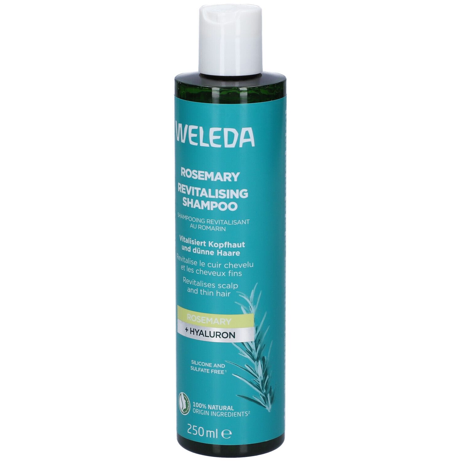 Flacone verde con tappo bianco. Scritta: WELEDA, Rosemary Revitalising Shampoo. Contiene rosmarino e acido ialuronico. 250 ml.