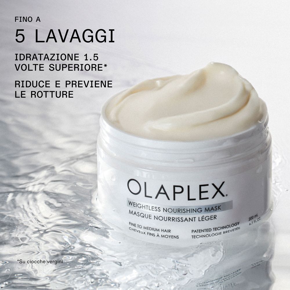 Vaso Olaplex in acqua. Testo: Fino a 5 lavaggi, 1,5x più idratazione, riduce la rottura.