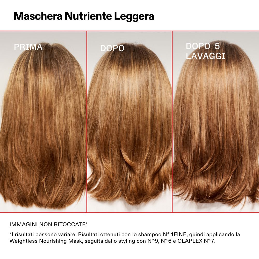 Tre immagini di capelli: Prima, Dopo, dopo 5 lavaggi. I capelli sono lisci e lucenti.