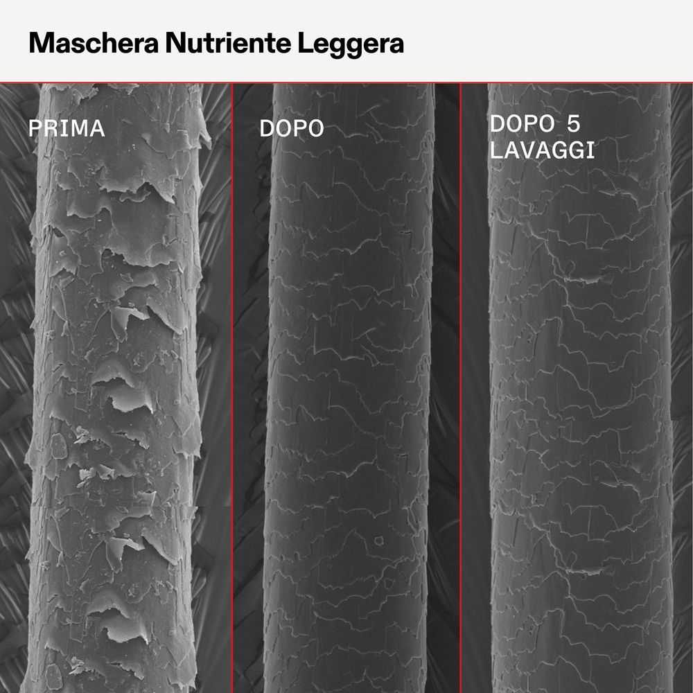 Vista microscopica di ciocche di capelli: Prima, Dopo, dopo 5 lavaggi. I capelli sono più lisci.