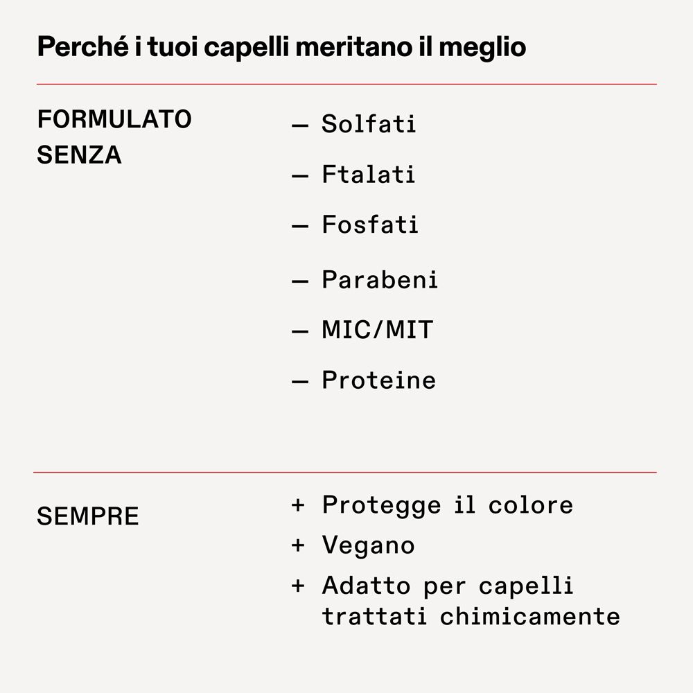 Testo: Formula senza solfati, ftalati, fosfati, parabeni, MIC/MIT, proteine. Sempre: Protegge il colore, vegano, per capelli trattati chimicamente.