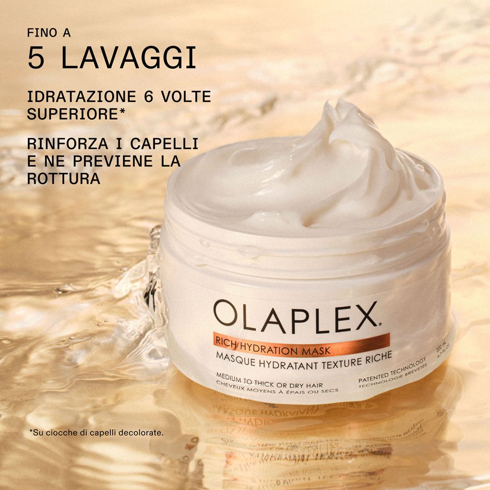 Olaplex Rich Hydration Mask nell'acqua. Testo: Fino a 5 lavaggi, 6 volte più idratazione.