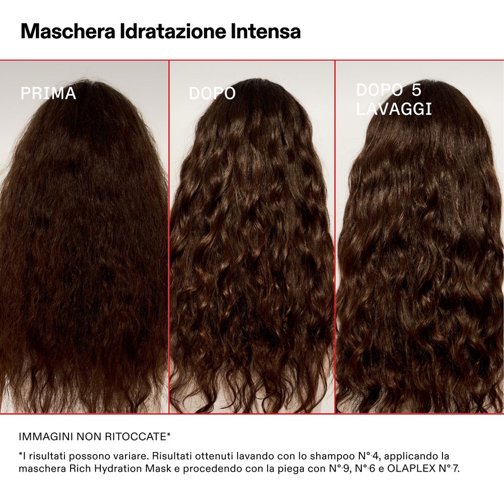 Tre immagini di capelli ricci: Prima, Dopo, Dopo 5 lavaggi. I risultati possono variare.
