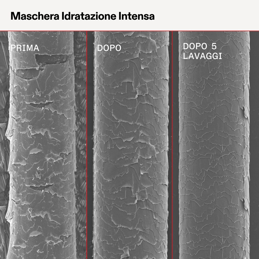 Vista microscopica di ciocche di capelli: Prima, Dopo, Dopo 5 lavaggi. I risultati possono variare.