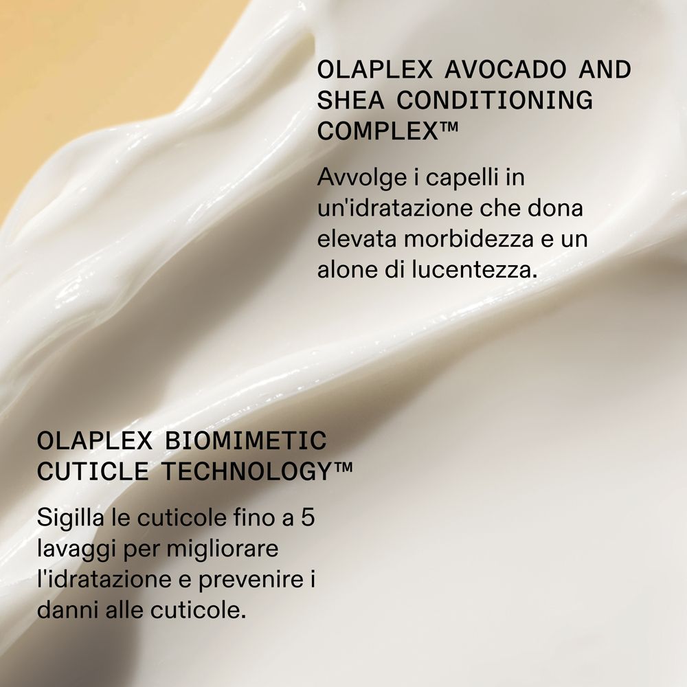 Testo su Olaplex Avocado and Shea Conditioning Complex e Biomimetic Cuticle Technology.