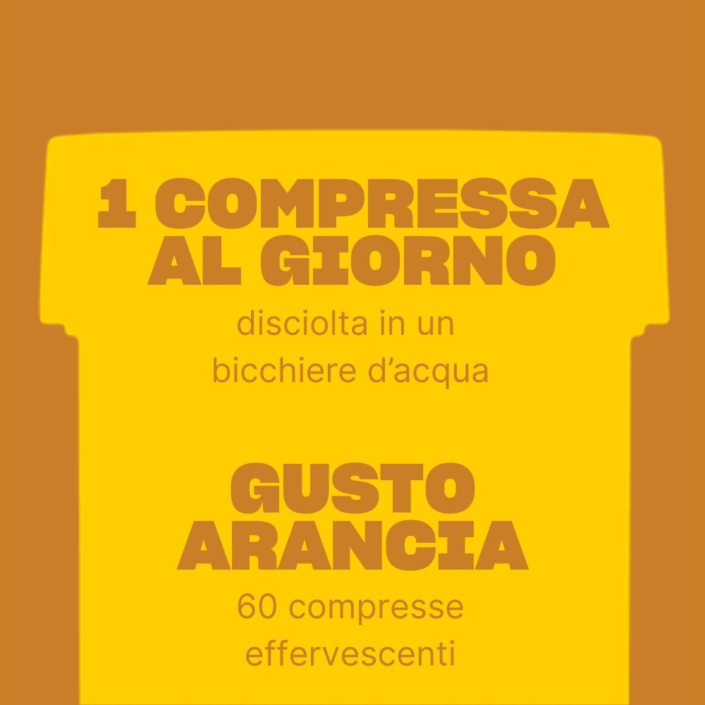 Sfondo giallo. Testo: 1 compressa al giorno sciolta in un bicchiere d'acqua. Gusto arancia. 60 compresse effervescenti.