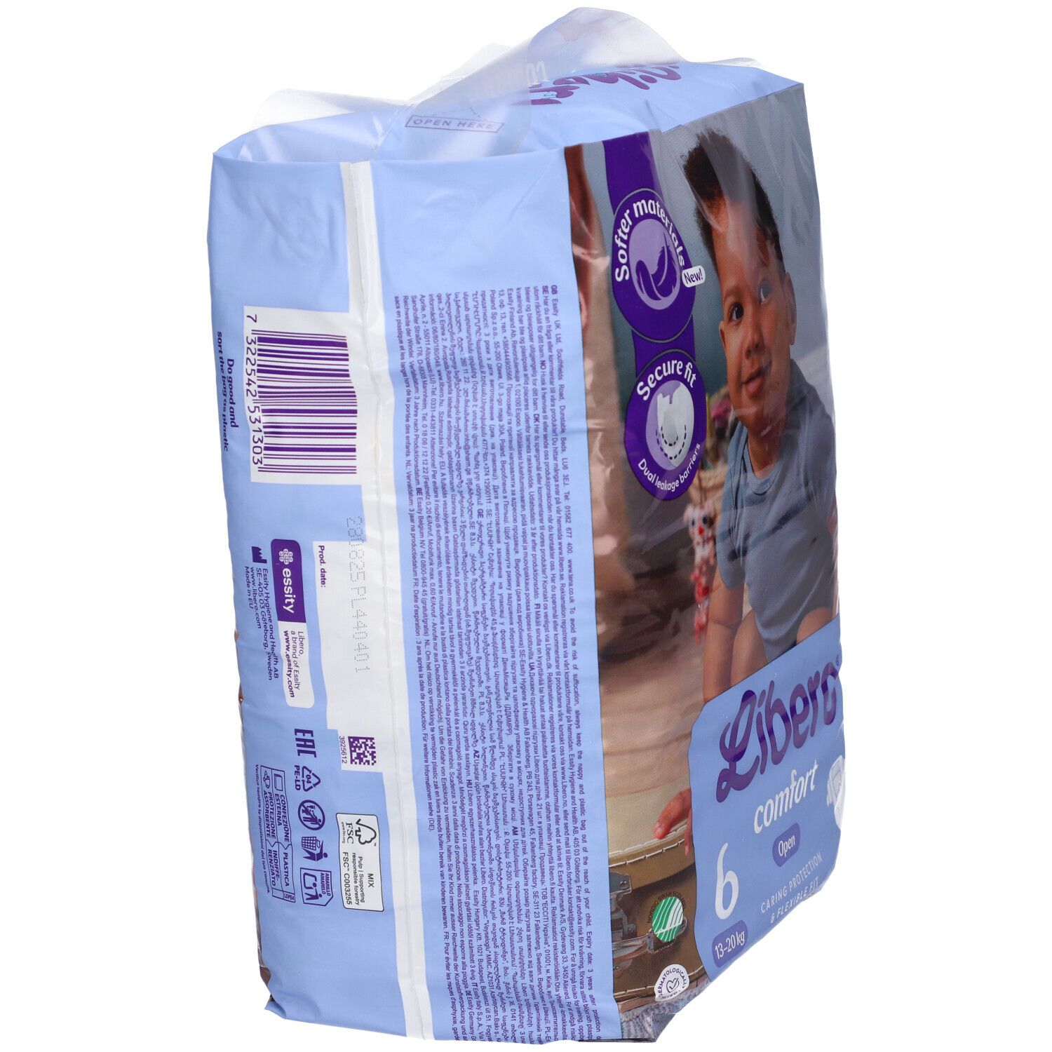 Vista laterale della confezione di pannolini Libero Comfort 6, 13-20 kg. Scritte: nome prodotto, taglia, caratteristiche, codice a barre.