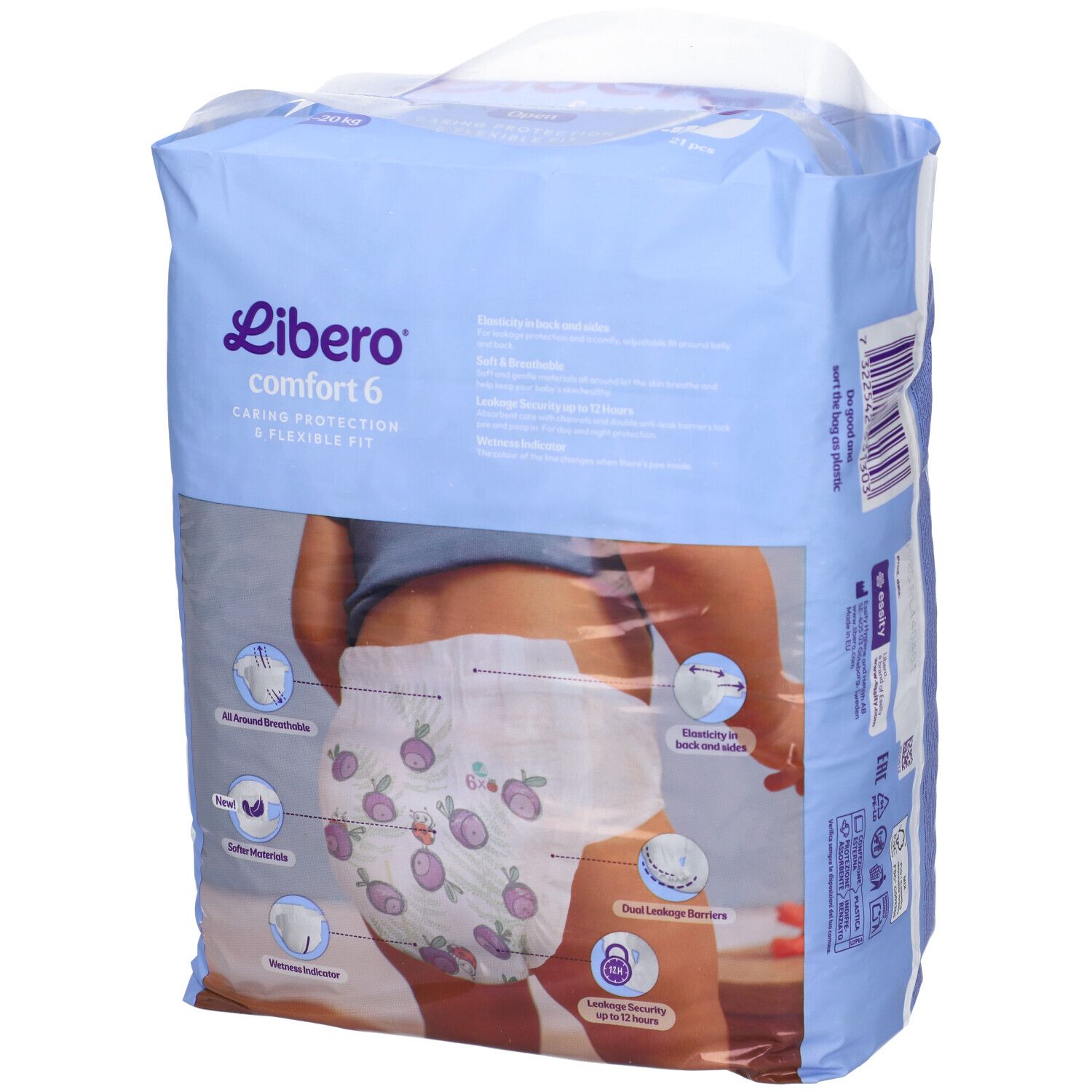 Retro della confezione di pannolini Libero Comfort 6, 13-20 kg. Scritte: design del pannolino, caratteristiche, loghi.