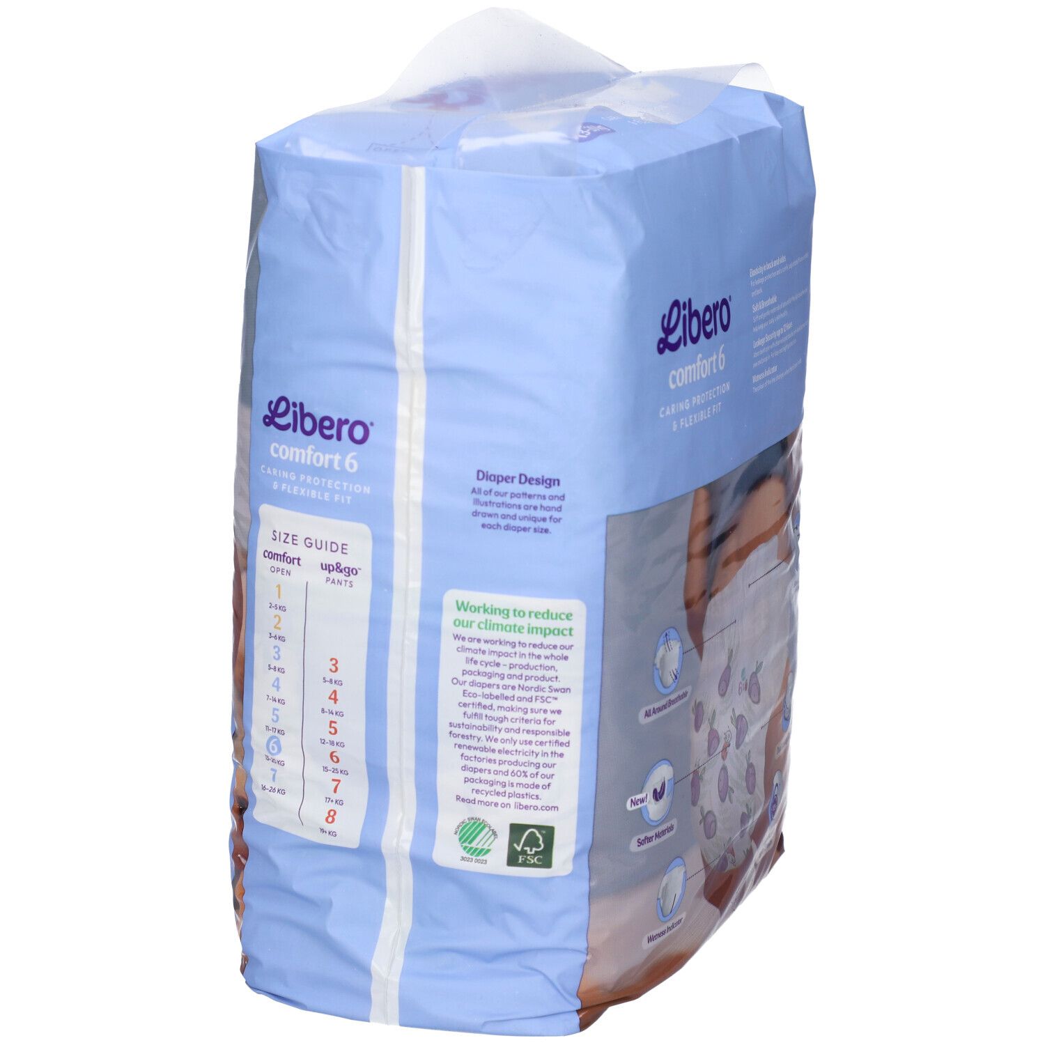 Confezione di pannolini Libero Comfort 6, 13-20 kg, retro. Scritte: informazioni sulle taglie, informazioni sul prodotto, loghi.