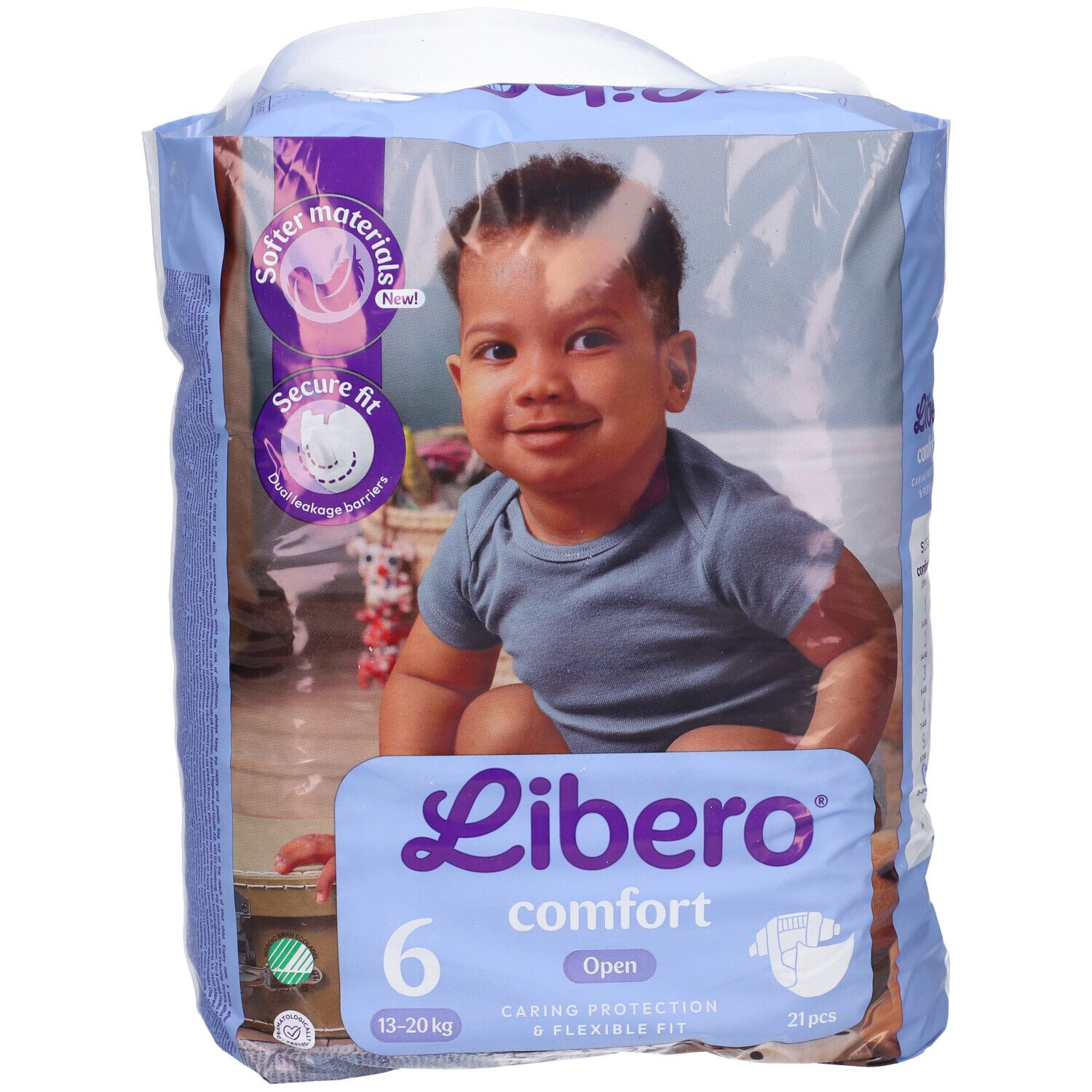 Confezione di pannolini Libero Comfort 6, 13-20 kg. Imballaggio in plastica. Scritte: bambino, nome prodotto, taglia, caratteristiche.