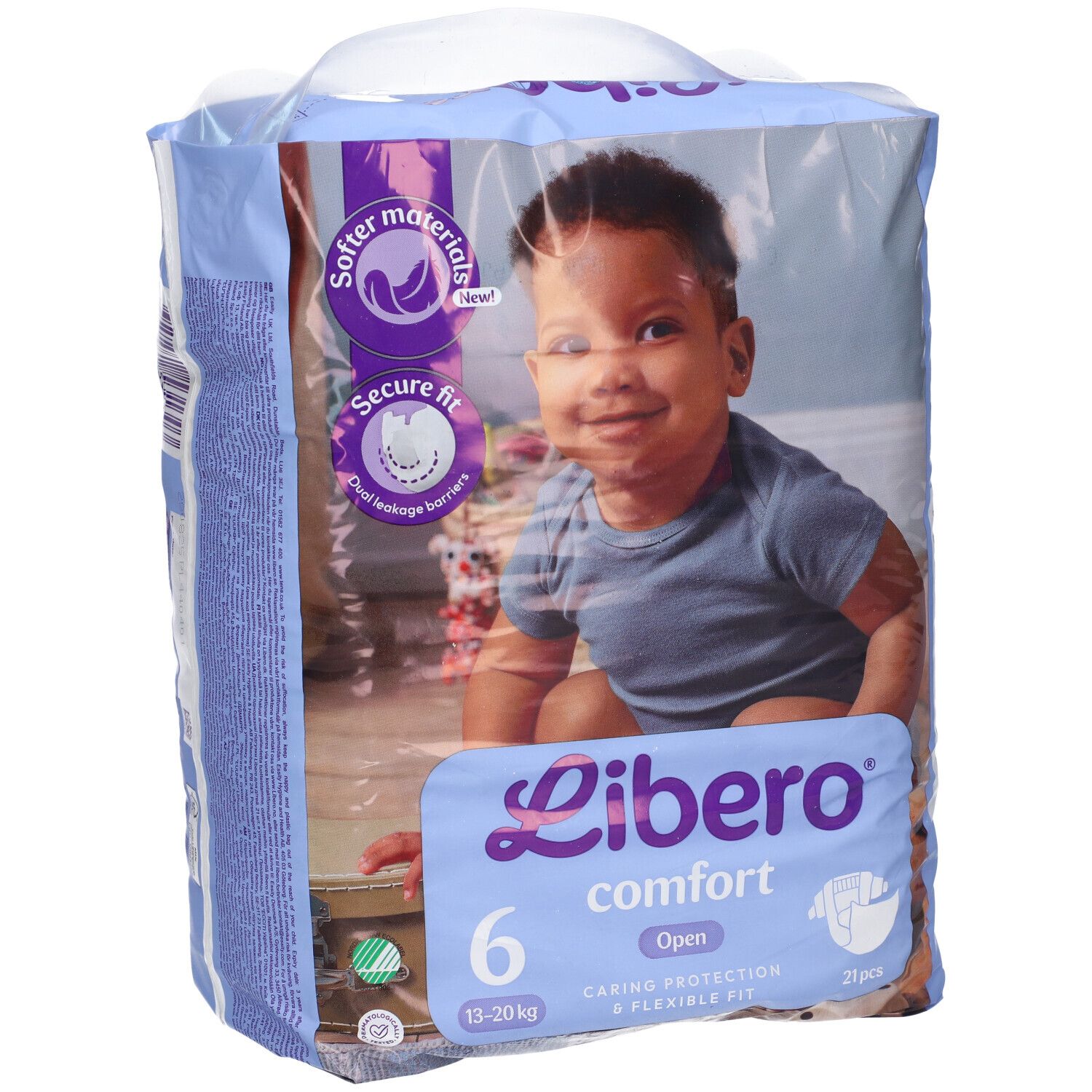 Confezione di pannolini Libero Comfort 6, 13-20 kg. Imballaggio in plastica. Scritte: bambino, nome prodotto, taglia, caratteristiche.