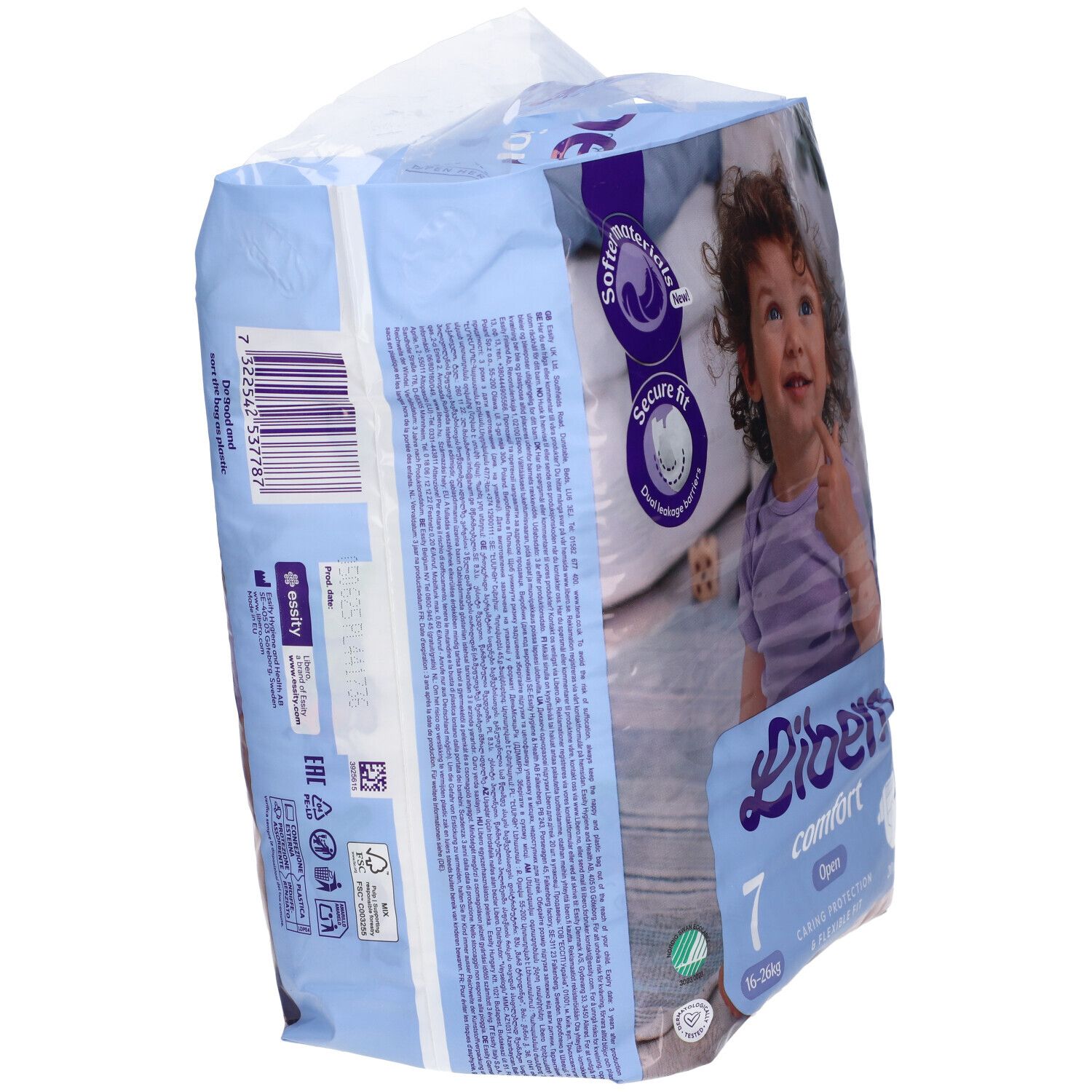 Confezione di pannolini Libero Comfort 7. Vista laterale con informazioni sul prodotto e logo. 20 pezzi.