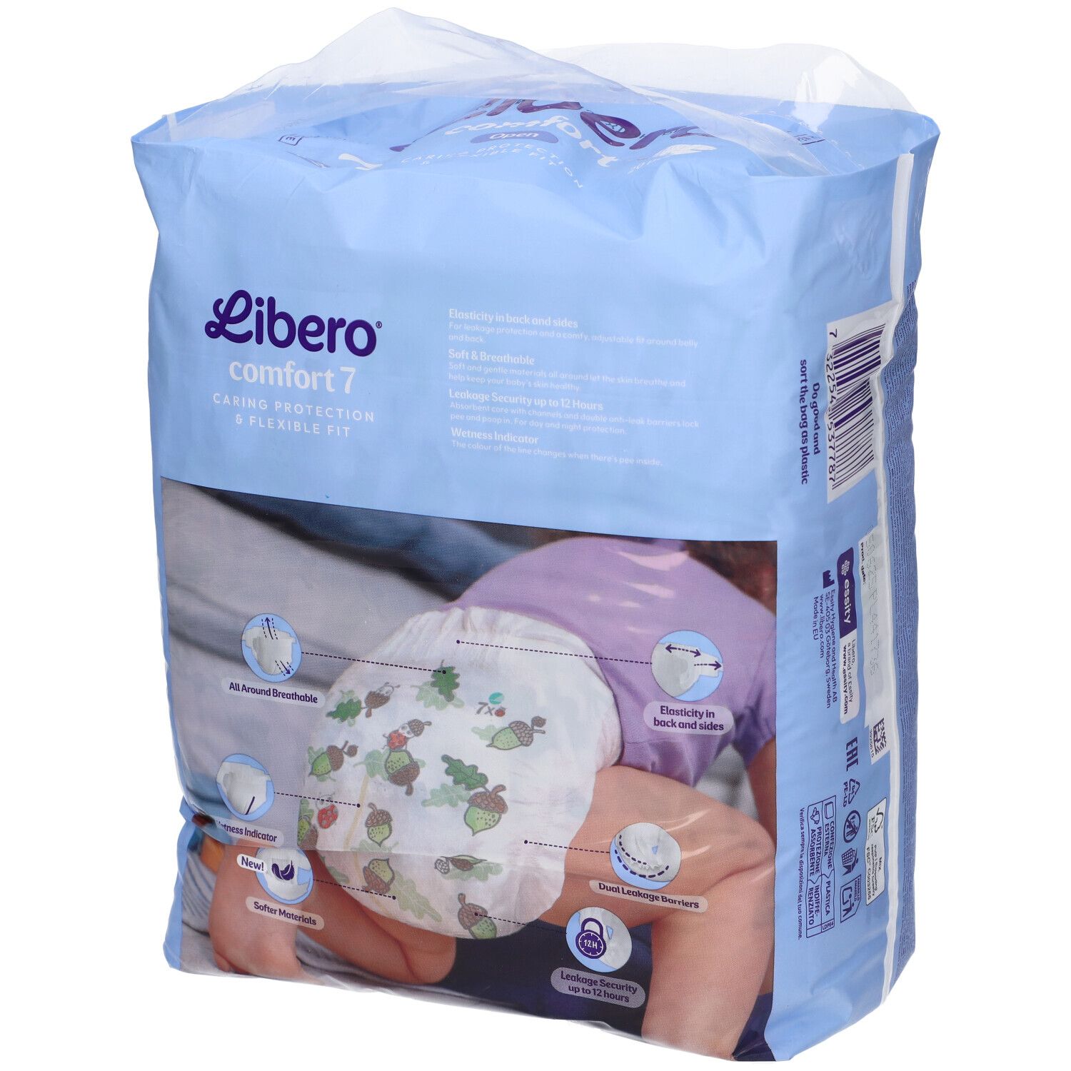 Confezione di pannolini Libero Comfort 7. Design del pannolino visibile. Informazioni sul prodotto e logo. 20 pezzi.