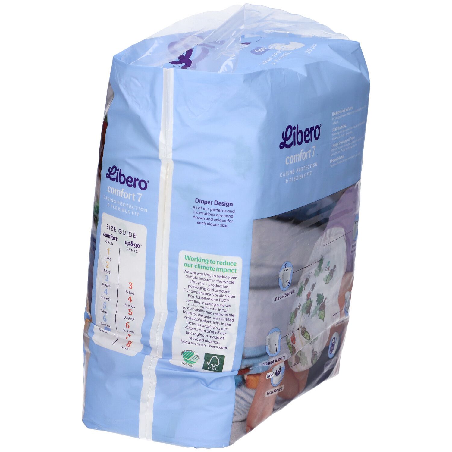 Confezione di pannolini Libero Comfort 7. Retro con informazioni sul prodotto e logo. 20 pezzi.