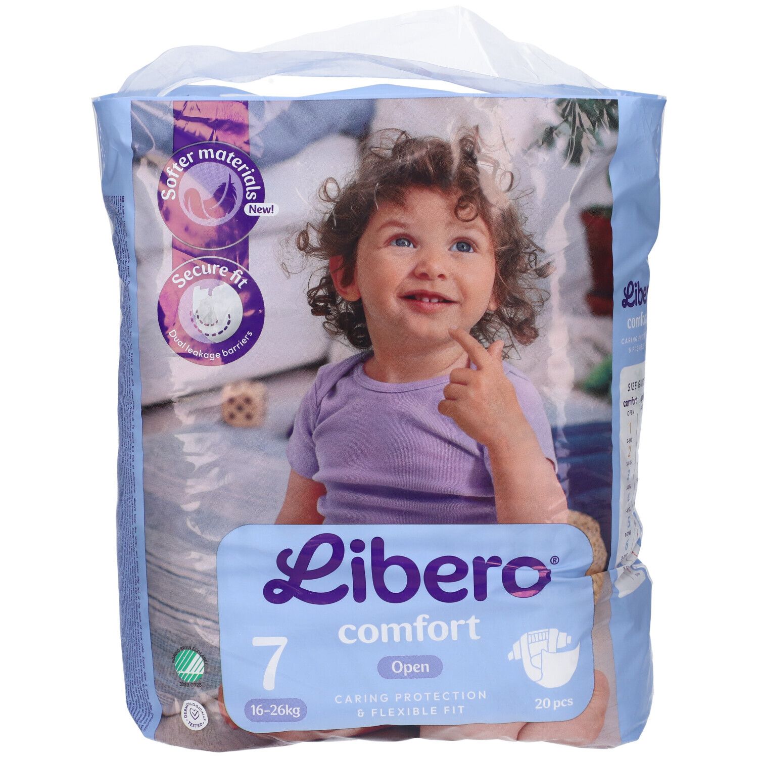 Confezione di pannolini Libero Comfort 7. Immagine di bambino. Informazioni sul prodotto e logo. 20 pezzi.