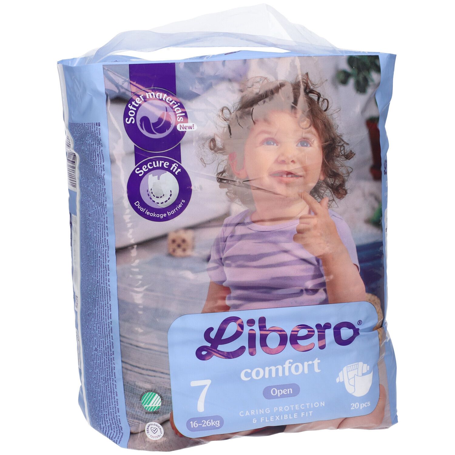 Confezione di pannolini Libero Comfort 7. Immagine di bambino. Informazioni sul prodotto e logo. 20 pezzi.