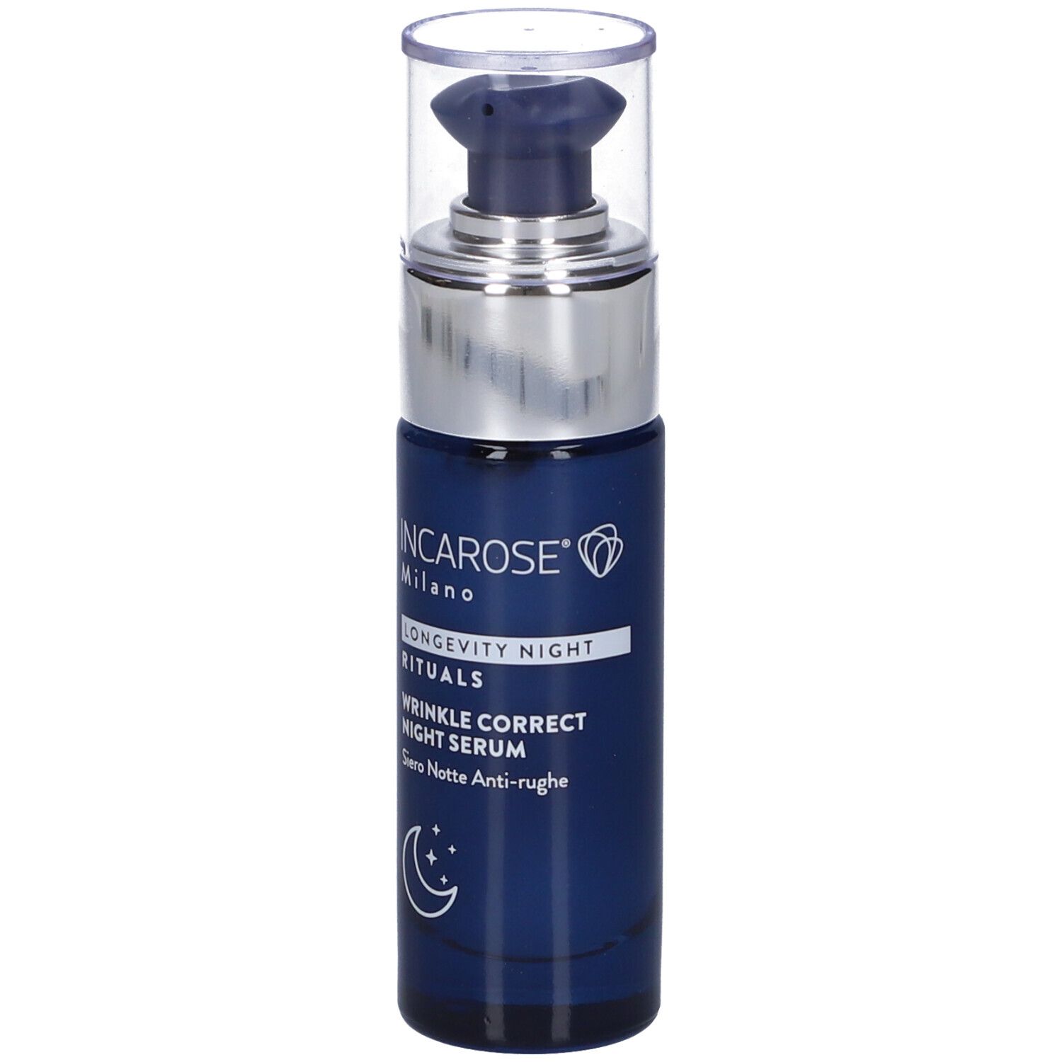 Flacone blu scuro con collo argentato e pompetta. Testo: INCAROSE Milano, Longevity Night Rituals, Wrinkle Correct Night Serum.