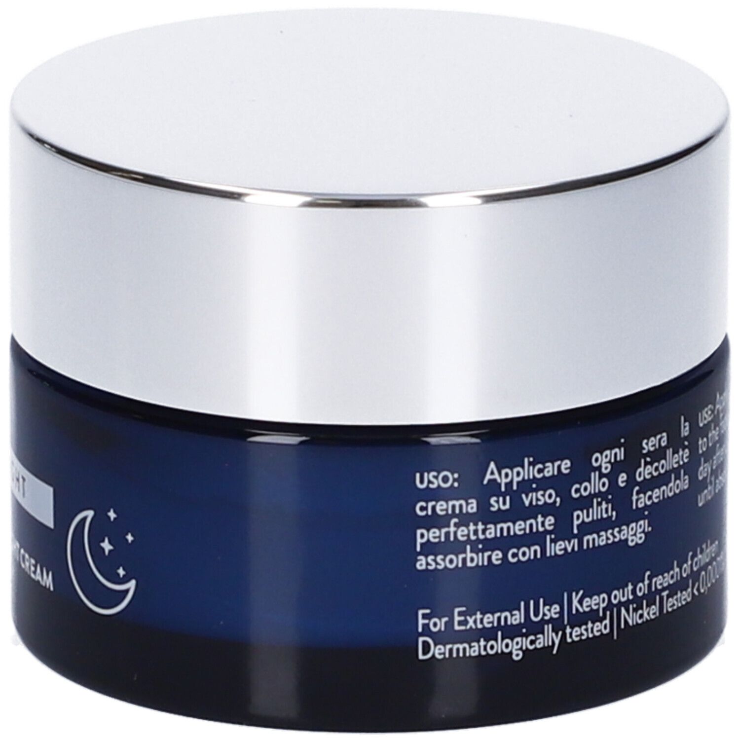 Vaso di crema blu scuro con coperchio argentato. Scritta: INCAROSE Milano, LONGEVITY NIGHT. Simbolo luna e stelle. Testo sul lato.