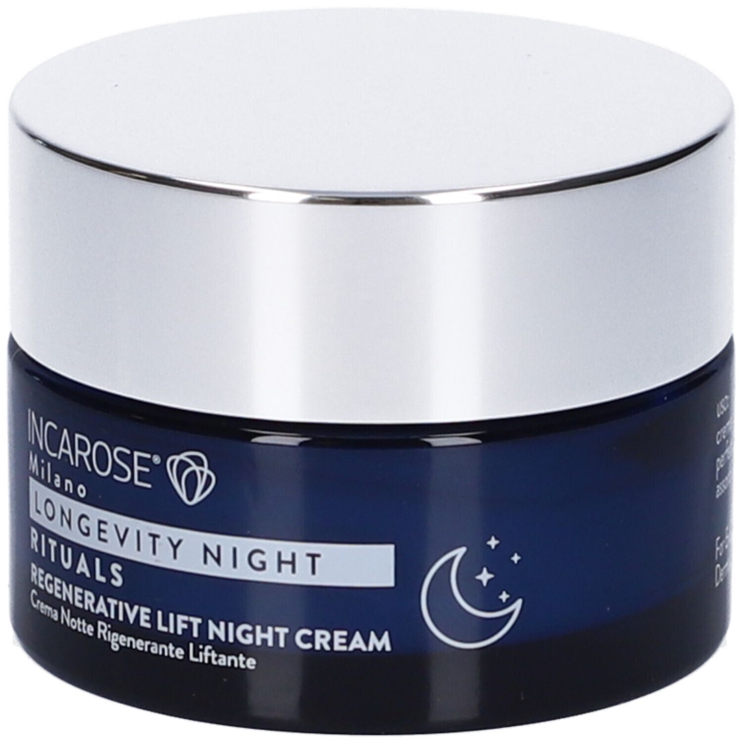 Vaso di crema blu scuro con coperchio argentato. Scritta: INCAROSE Milano, LONGEVITY NIGHT RITUALS, Regenerative Lift Night Cream. Simbolo luna e stelle.