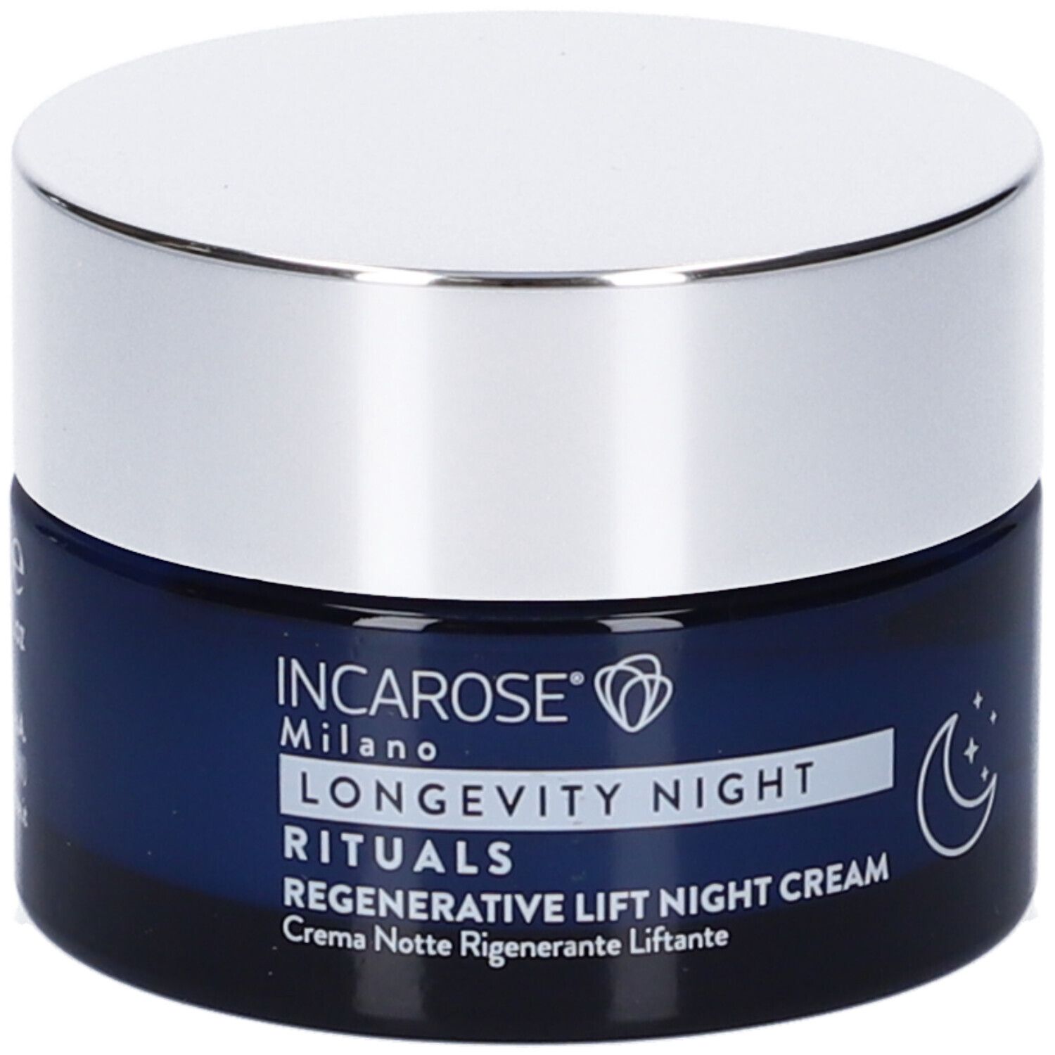 Vaso di crema blu scuro con coperchio argentato. Scritta: INCAROSE Milano, LONGEVITY NIGHT RITUALS, Regenerative Lift Night Cream. Simbolo luna e stelle.