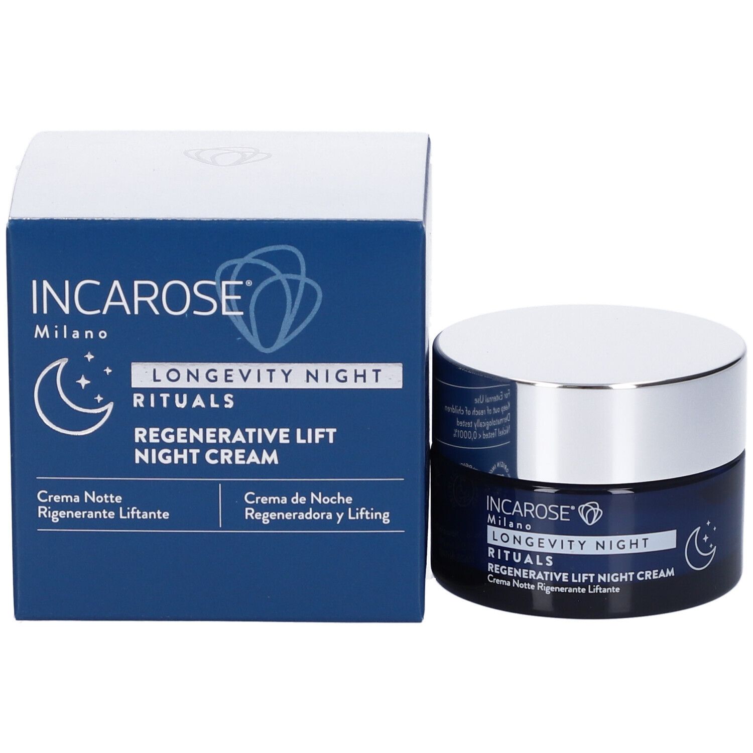 Scatola e vaso di crema blu scuro. Scritta: INCAROSE Milano, LONGEVITY NIGHT RITUALS, Regenerative Lift Night Cream. Simbolo luna e stelle.